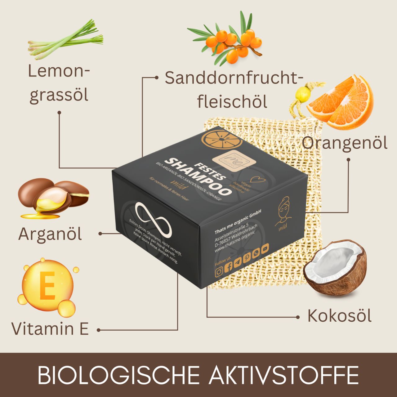 Die Thats me Organic® Shampoo Bar Box ist von Illustrationen von Zitronengras, BIO Arganöl, Kokosnuss, Orange und Vitamin E umgeben, die die natürlichen Inhaltsstoffe dieses festen Shampoos hervorheben.