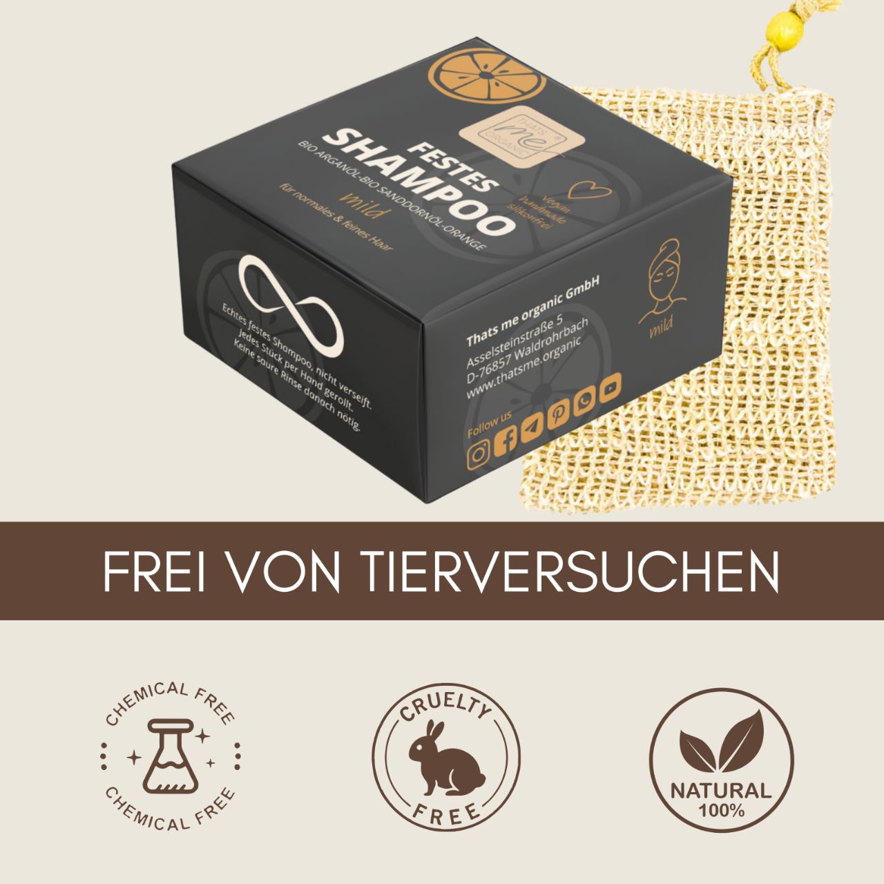 Eine Schachtel Thats me Organic® Shampoo Bar in einer Netztasche, mit Symbolen für chemikalienfrei, tierversuchsfrei und 100% natürlich. Angereichert mit BIO Arganöl für gesunde Haarpflege.