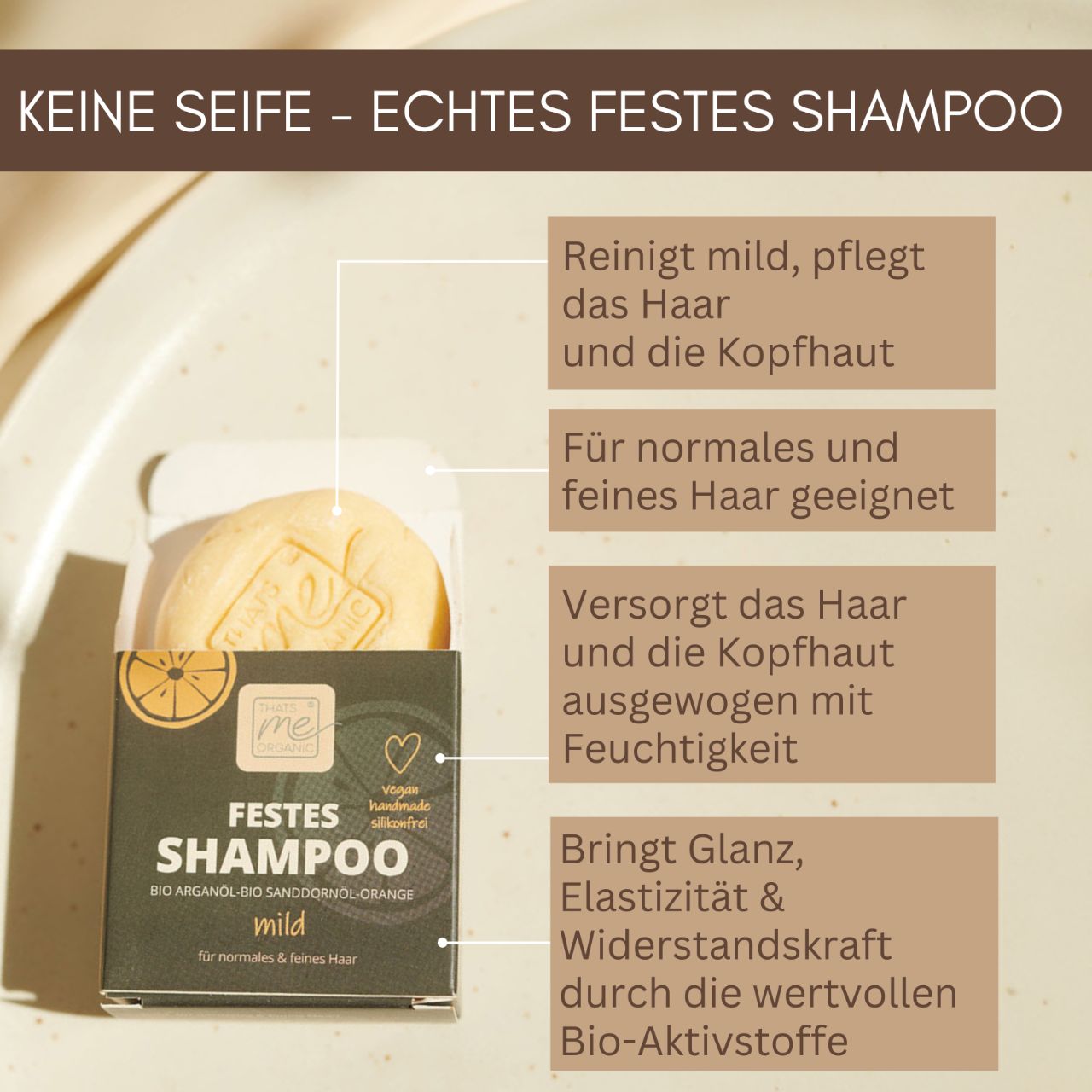 Der runde Thats me Organic® Shampoo Bar kommt in einer umweltfreundlichen Verpackung mit deutschem Text, der die Vorteile von BIO Arganöl hervorhebt.