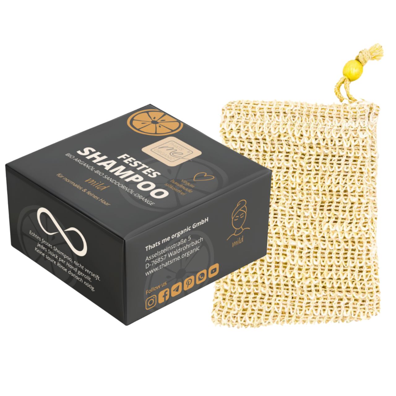 Thats me Organic® Shampoo Bar in schwarzer Schachtel mit beigem Netzbeutel, gelber Kordel und Perle, angereichert mit BIO Arganöl.