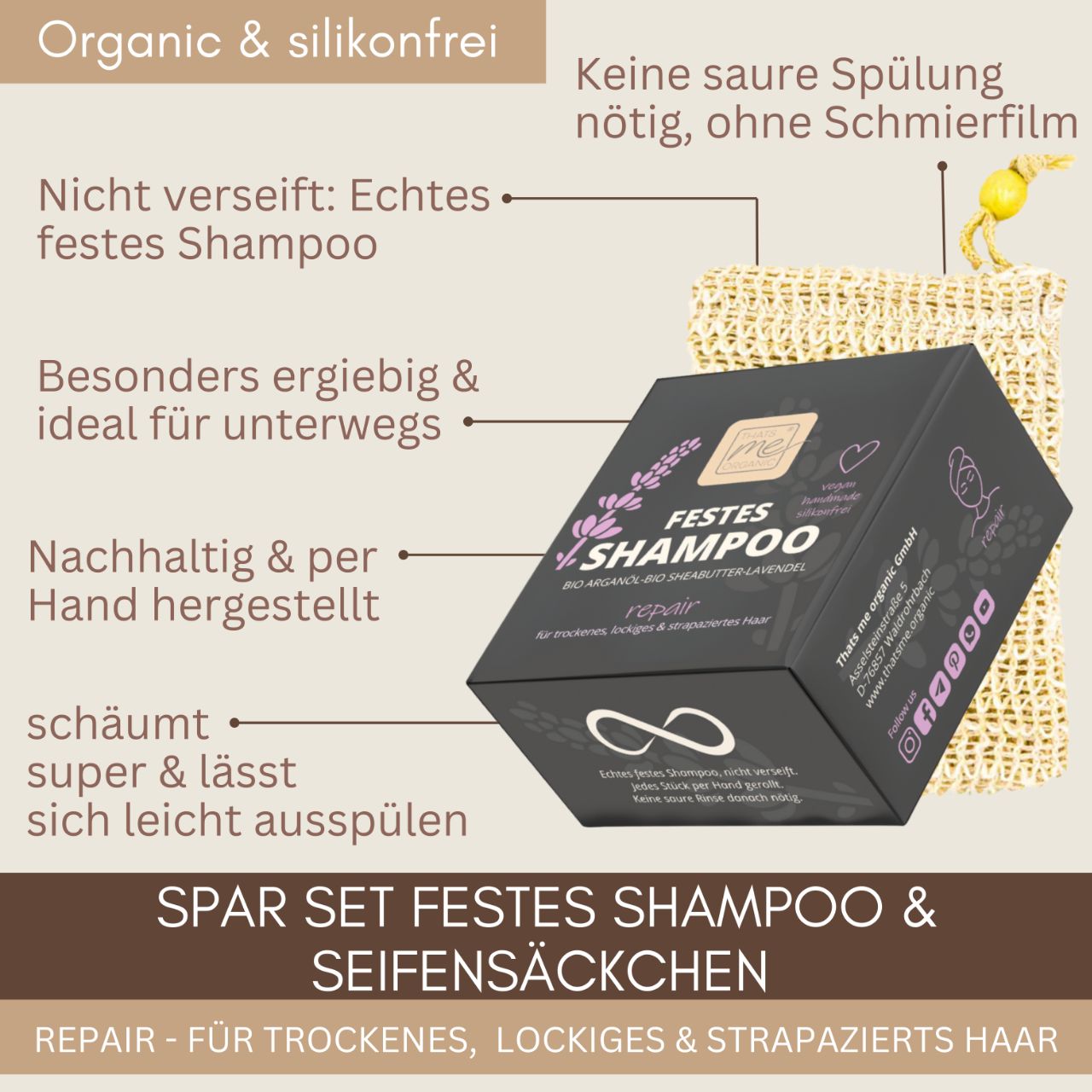 Das Thats me Organic® feste Shampoo mit BIO Arganöl liegt in der Verpackung, daneben ein Seifensäckchen auf beigem Hintergrund. Die Vorteile und Anwendung sind kurz beschrieben.