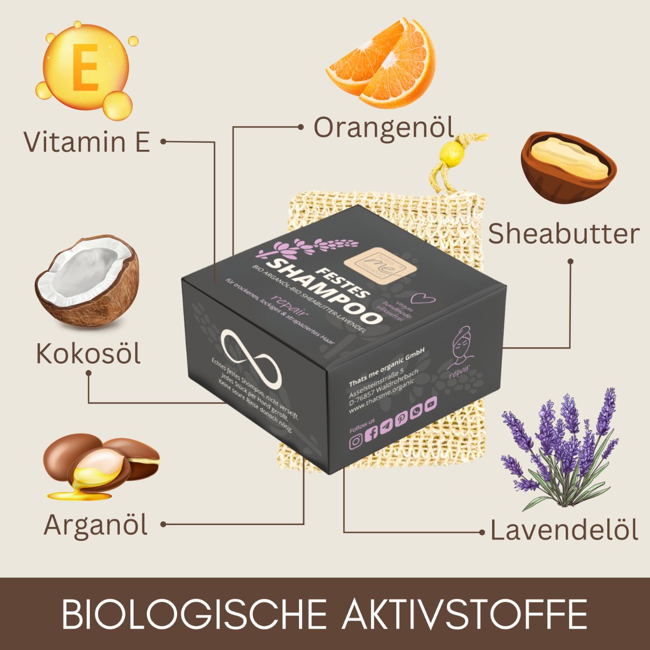 Thats me Organic® Shampoo Bar enthält Illustrationen seiner nährenden Inhaltsstoffe: Vitamin E, Orangenöl, Sheabutter, Kokosnussöl, BIO-Arganöl und Lavendel.