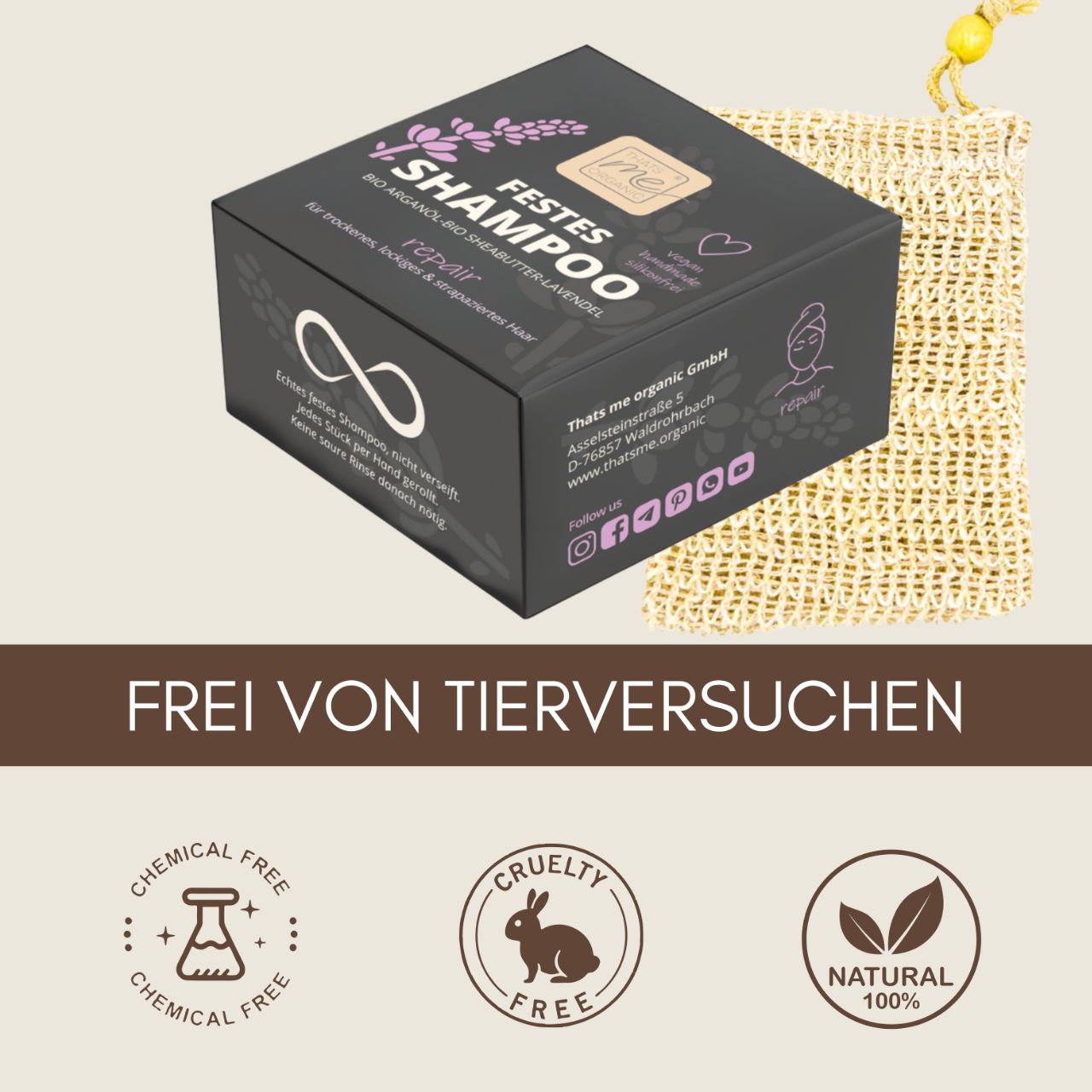Eine Packung Thats me Organic® festes Shampoo mit BIO Arganöl, mit Symbolen für chemikalienfrei, tierversuchsfrei und 100 % natürlich, sowie einem praktischen Netzbeutel.