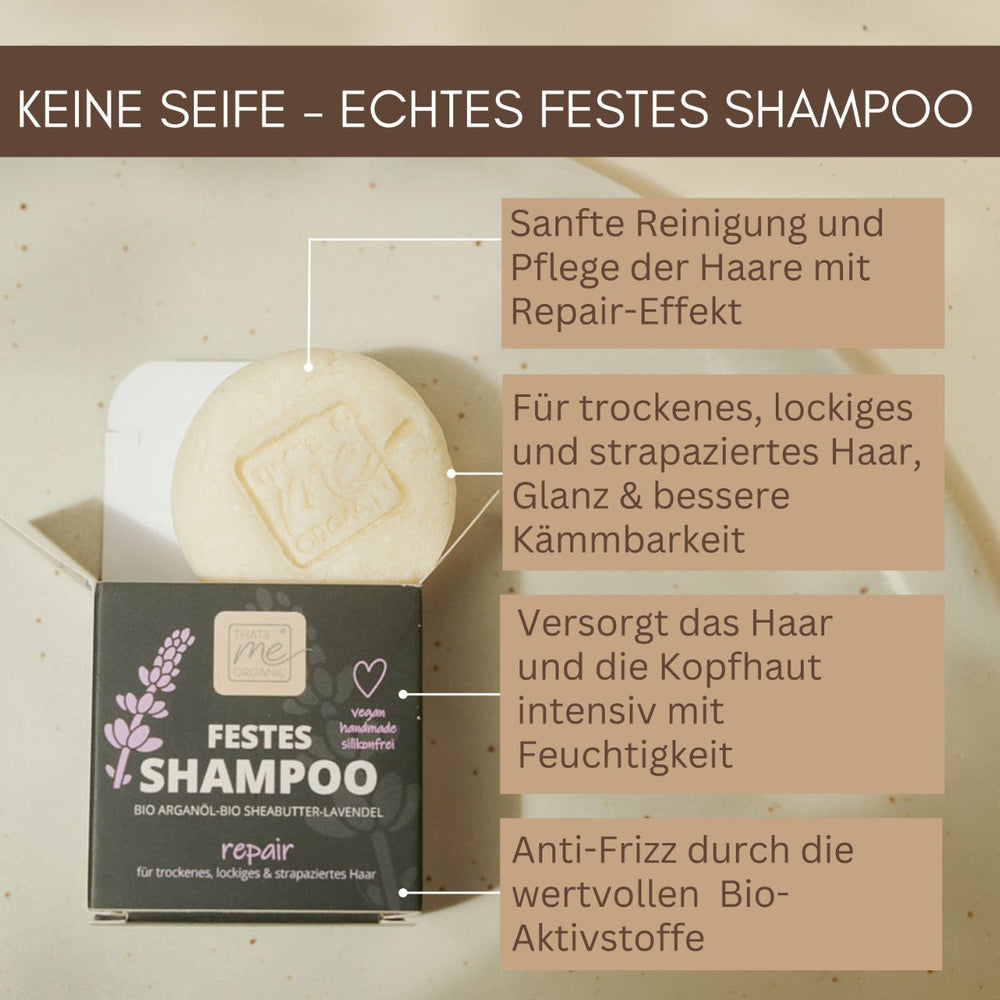 Thats me Organic® festes Shampoo Bar in der Schachtel mit deutschem Text enthält BIO Arganöl, das Ihr Haar repariert, mit Feuchtigkeit versorgt und gegen Frizz hilft.