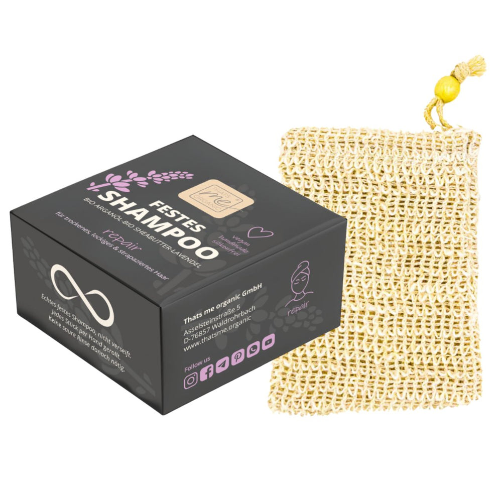 Eine Dose Thats me Organic® BIO Arganöl festes Shampoo steht neben einem beigen Seifenbeutel mit gelber Kordel.