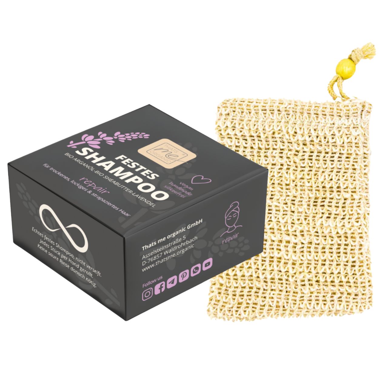 Eine Dose Thats me Organic® BIO Arganöl festes Shampoo steht neben einem beigen Seifenbeutel mit gelber Kordel.