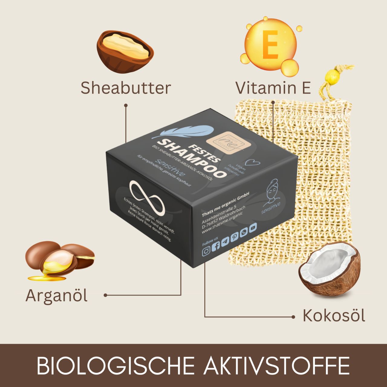 Die Thats me Organic® dark solid shampoo bar kommt in einer Box mit Sheabutter, Arganöl, Vitamin E und Kokosnussöl-Illustrationen - perfekt für empfindliches Haar und biologisch abbaubar für eine umweltfreundliche Routine.