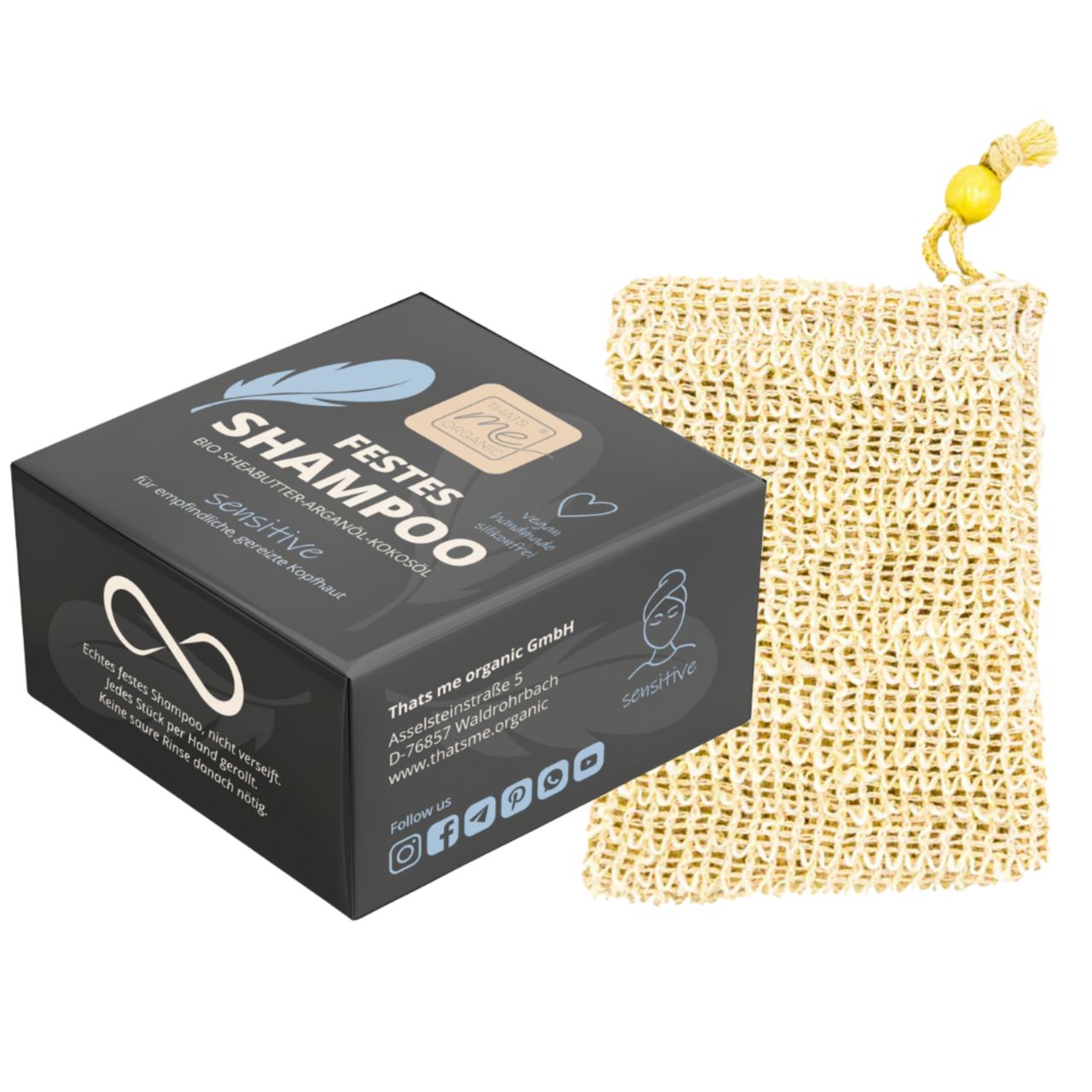 Thats me Organic®: Schwarze Box mit festem Shampoo für sensibles Haar, daneben ein biologisch abbaubares, beiges Mesh-Seifensäckchen mit gelber Kordel.