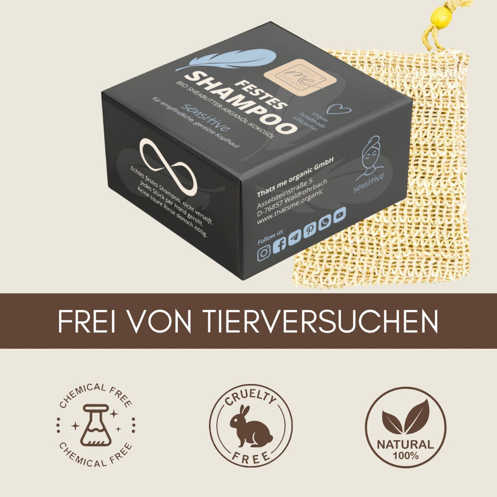 Thats me Organic® schwarze Schachtel festes Shampoo mit Symbolen für chemikalienfrei, grausamkeitsfrei, biologisch abbaubar & 100% natürlich; Text: Frei von Tierversuchen. Ideal für sensibles Haar.