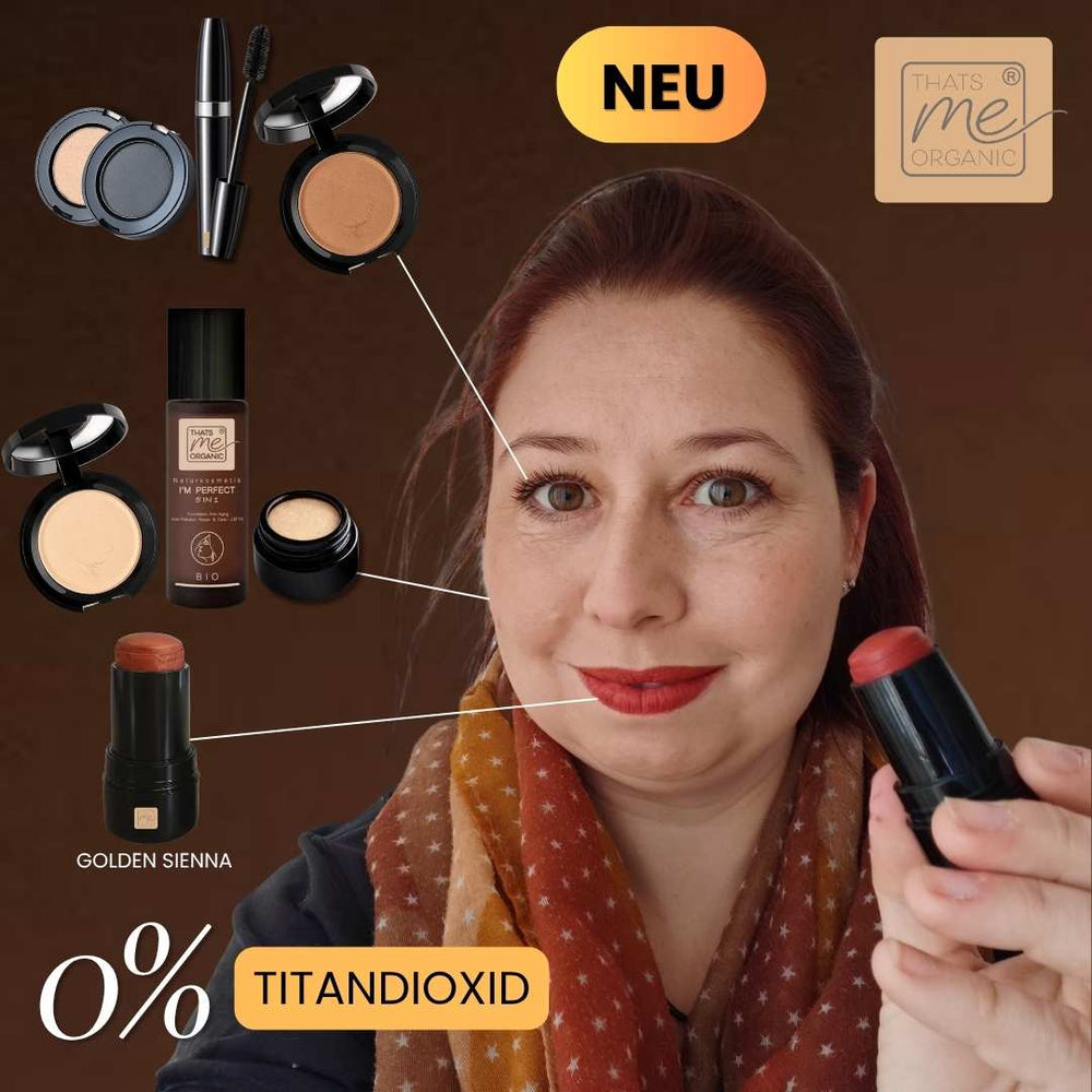 Model zeigt Make up Look mit Golden Sienna Stick, Foundation, Mascara und Lidschatten ohne Titandioxid