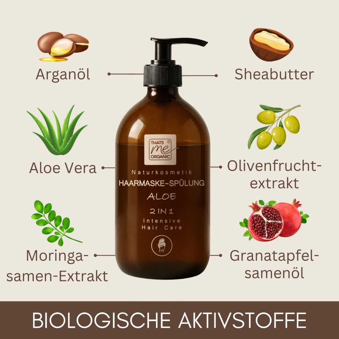 Thats me organic® brown bottle Bio-Haarmaske mit Arganöl, Sheabutter, Aloe Vera, Olive, Moringa & Granatapfel-ideal für Haarpflege und echte Naturkosmetik.