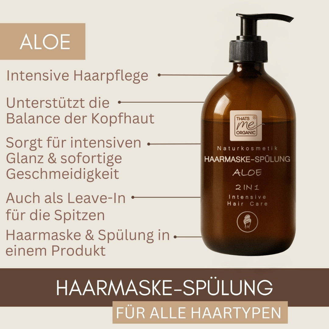 Thats me organic® Bio-Haarmaske-Spülung in brauner Flasche auf beigem Hintergrund - natürliche Pflege für alle Haartypen, mit Beschreibung und Vorteilen für gesunde, glänzende Haare.