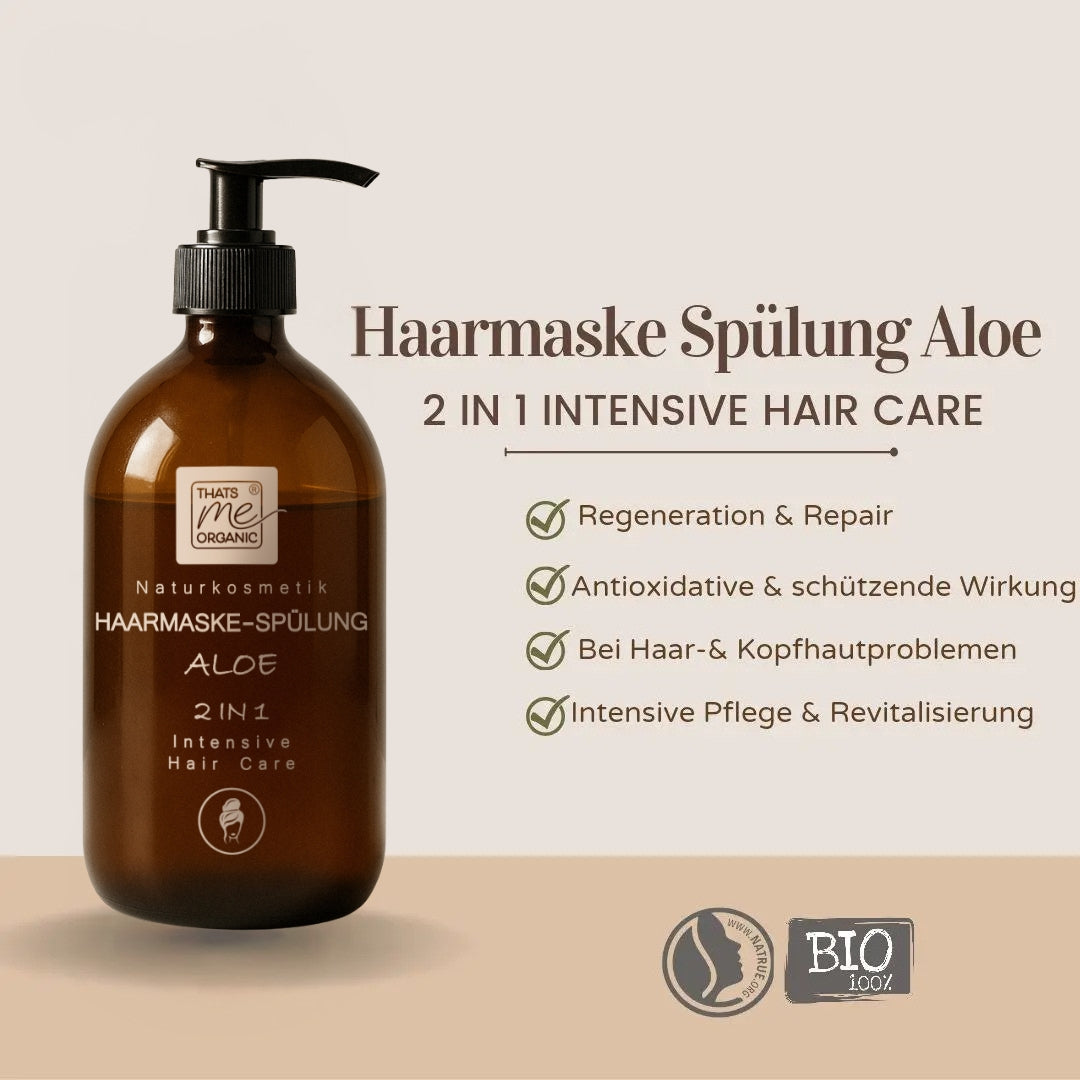 Die Thats me organic® braune Pumpflasche mit der Aufschrift Haarmaske-Spülung Aloe 2 in 1 bietet Bio-Haarmaske-Vorteile - die ideale Naturkosmetik für eine effektive Haarpflege in Ihrem Haarpflegeprogramm.