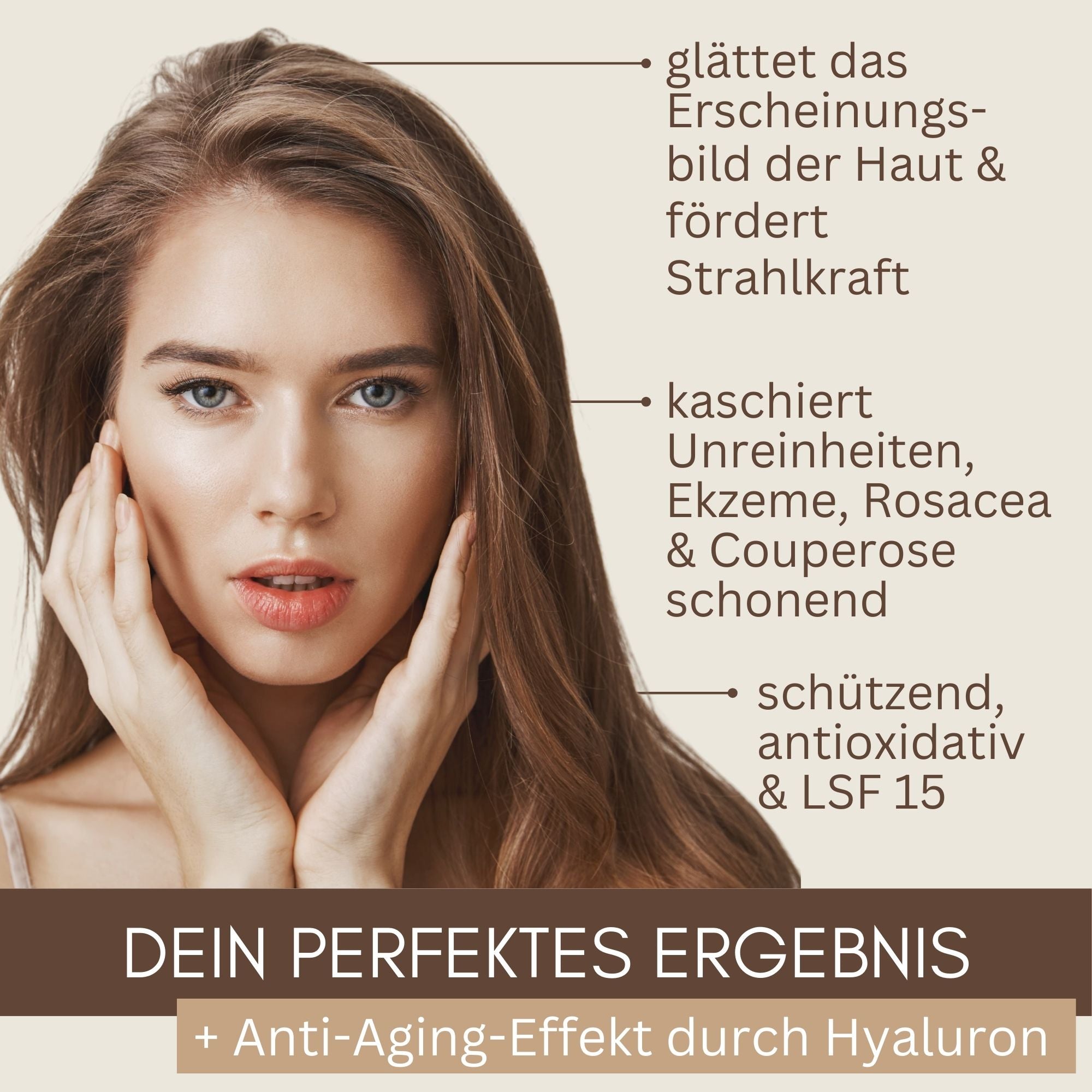 Frau mit strahlender Haut – Thats me organic Magic Touch 5 in 1 kaschiert Unreinheiten, Rosacea, Ekzeme und sorgt für ein glattes, jugendliches Hautbild mit Anti-Aging-Effekt.