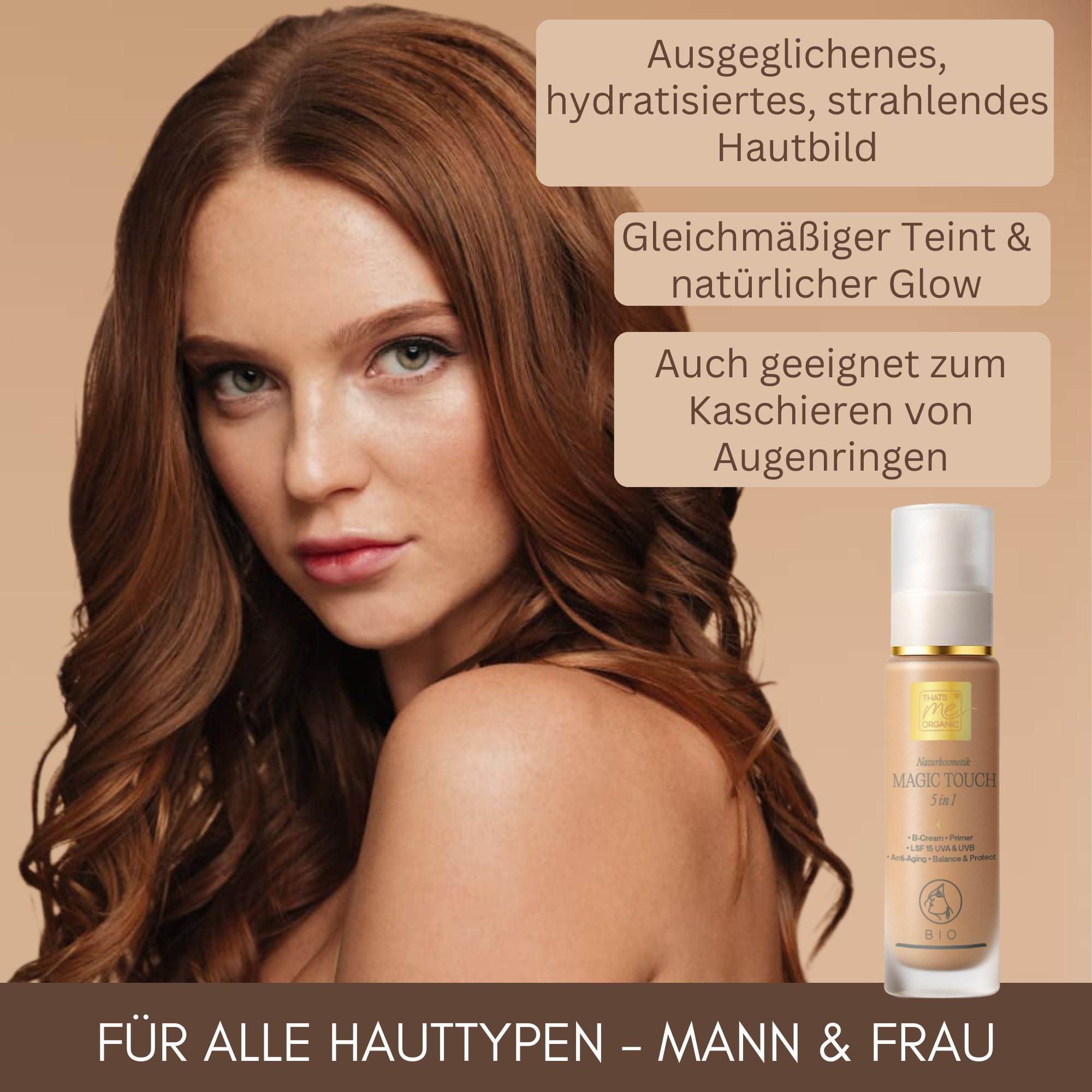 Junge hübsche Frau mit glänzendem Haar – Thats me organic Magic Touch 5 in 1 sorgt für ein ausgeglichenes Hautbild, natürlichen Glow und kaschiert Augenringe, geeignet für alle Hauttypen.