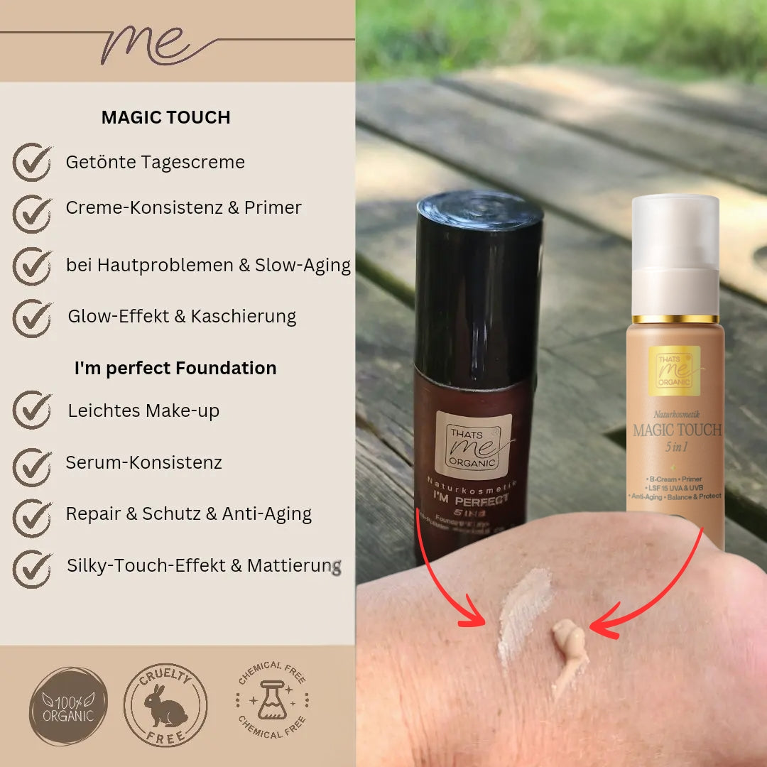 Zwei Flaschen der Thats me Organic® Foundation, einer getönten Tagescreme aus Bio-Naturkosmetik mit Slow Aging-Effekt, werden neben einem Swatch auf der Hand und einer deutschsprachigen Feature-Liste präsentiert.