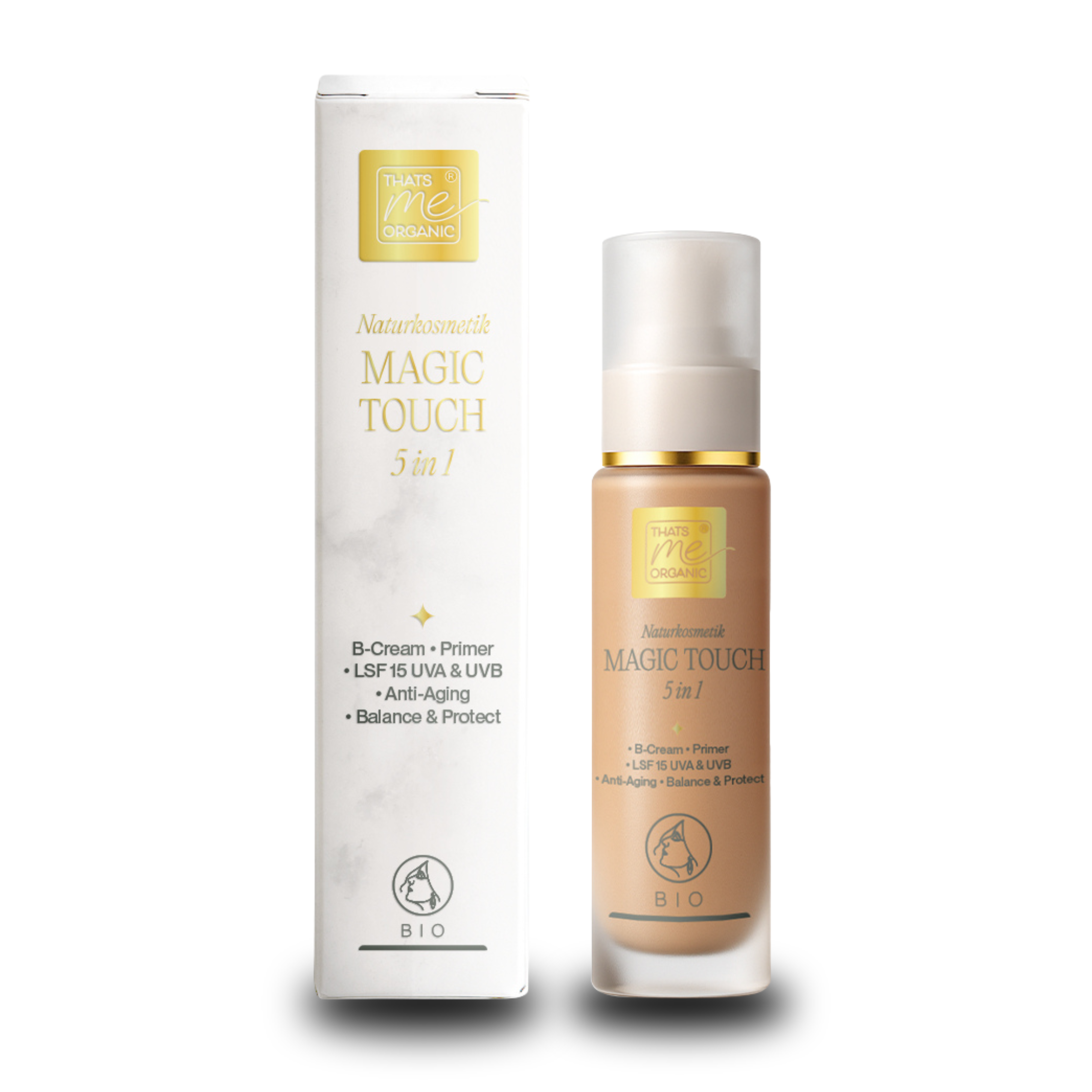 Eine braune Flasche Thats me Organic® Magic Touch 5 in 1 Bio-Naturkosmetik mit schwarzer Pumpe, die für eine langsame Hautalterung entwickelt wurde, steht vor einem weißen Hintergrund.