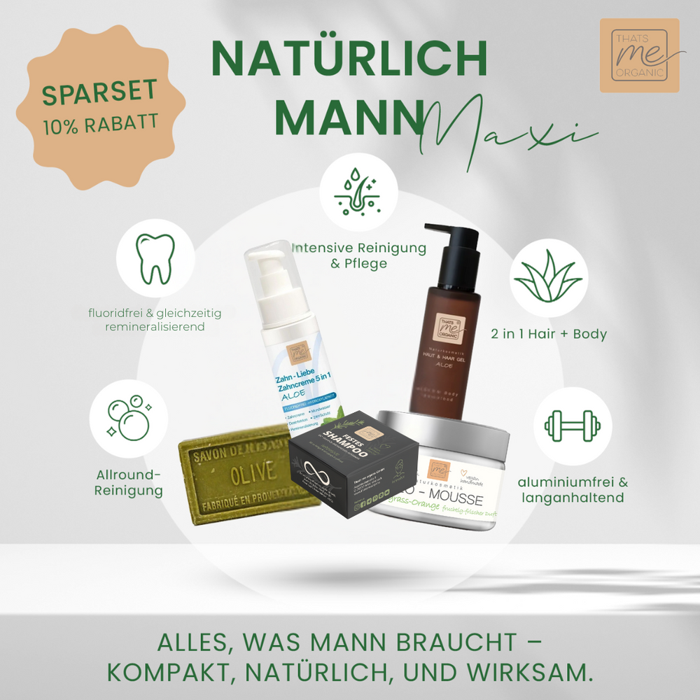 Vier natürliche Männerpflege-Produkte von Thats me Organic® als Geschenkset - entdecke Deo-Mousse & mehr! Jetzt mit Rabatt und Top-Vorteilen - natürliche Pflege für den modernen Mann.