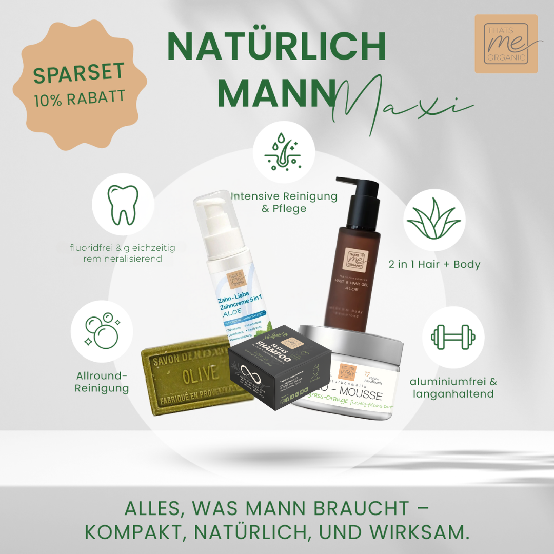Vier natürliche Männerpflege-Produkte von Thats me Organic® als Geschenkset - entdecke Deo-Mousse & mehr! Jetzt mit Rabatt und Top-Vorteilen - natürliche Pflege für den modernen Mann.