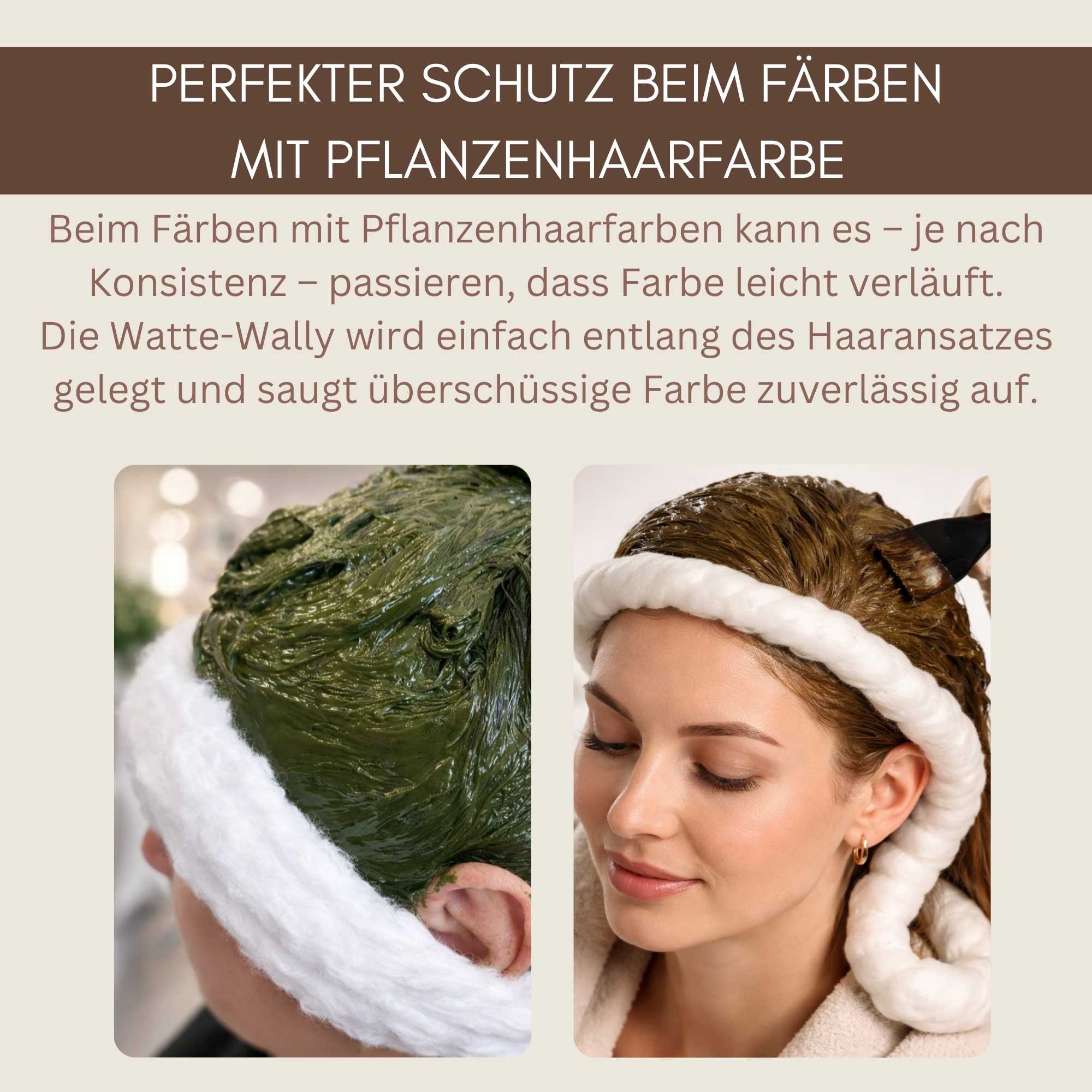 Anwendung der Watte-Wally beim Färben mit Pflanzenhaarfarbe – saugt überschüssige Farbe auf und sorgt für ein sauberes Ergebnis.