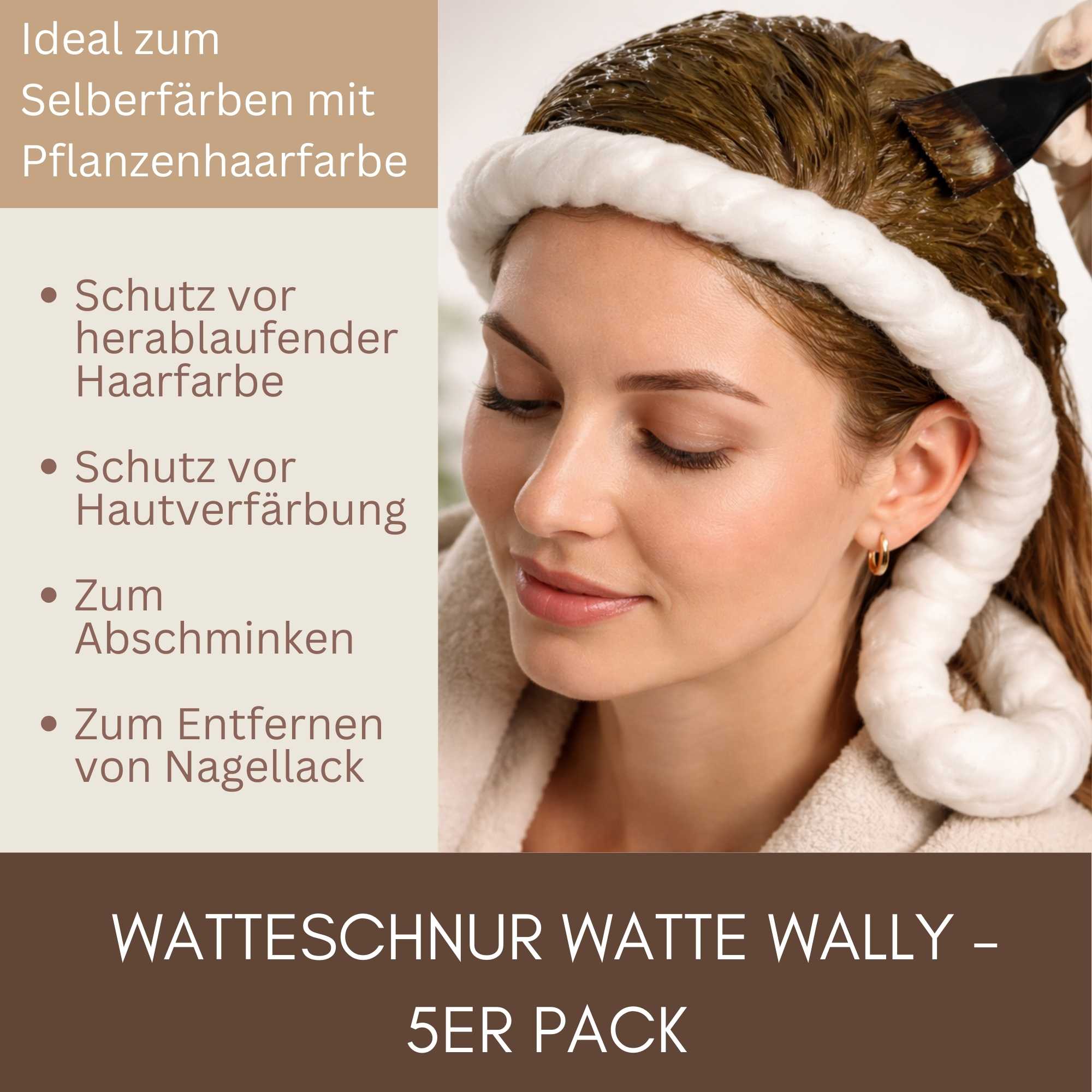 Watte-Wally Watteschnur schützt den Haaransatz zuverlässig vor herablaufender Pflanzenhaarfarbe und verhindert Hautverfärbungen.