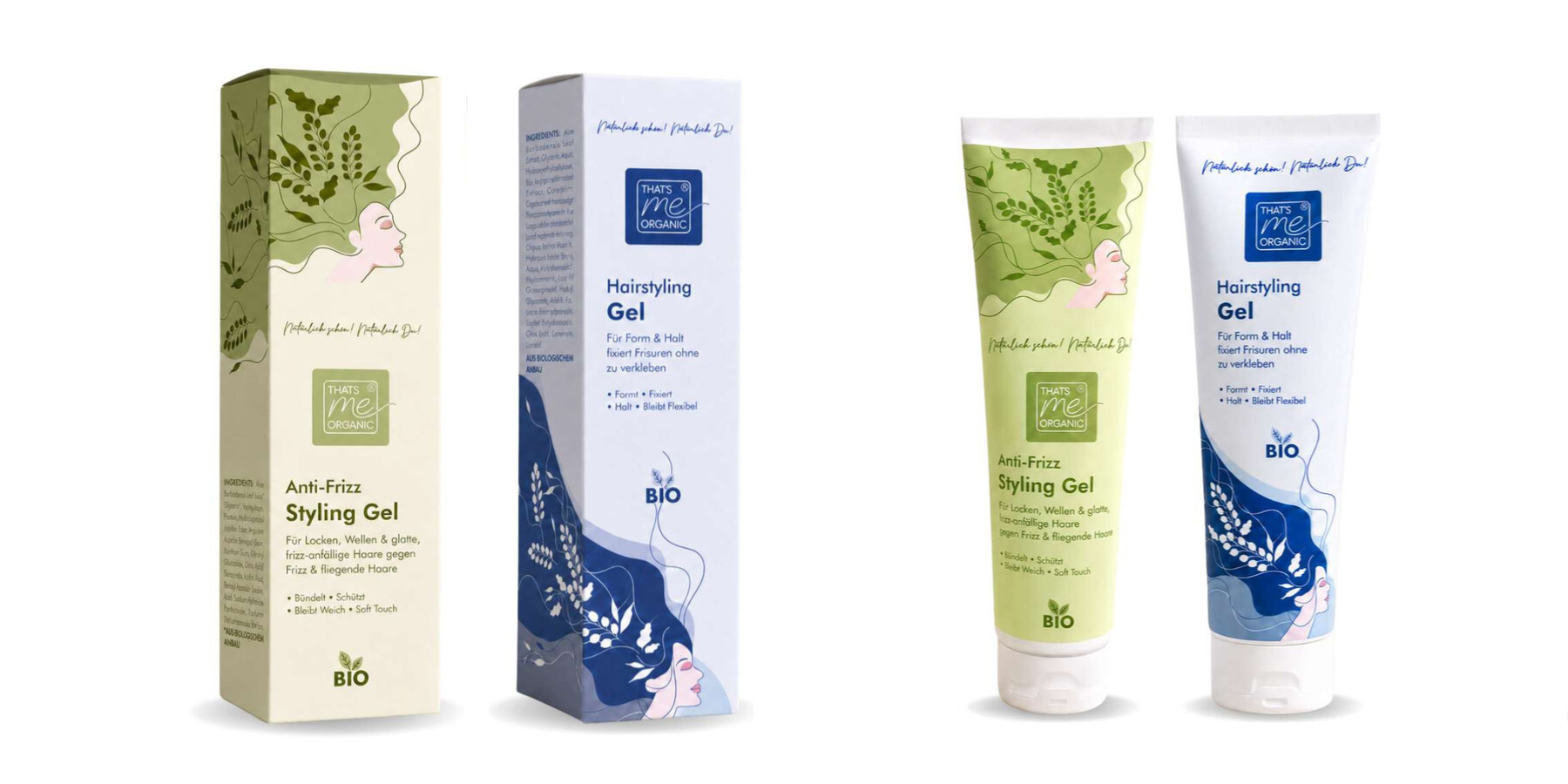 BIO Hairstyling Gel die Uschi und BIO Anti-Frizz Styling Gel de Fritz Tuben nebeneinander