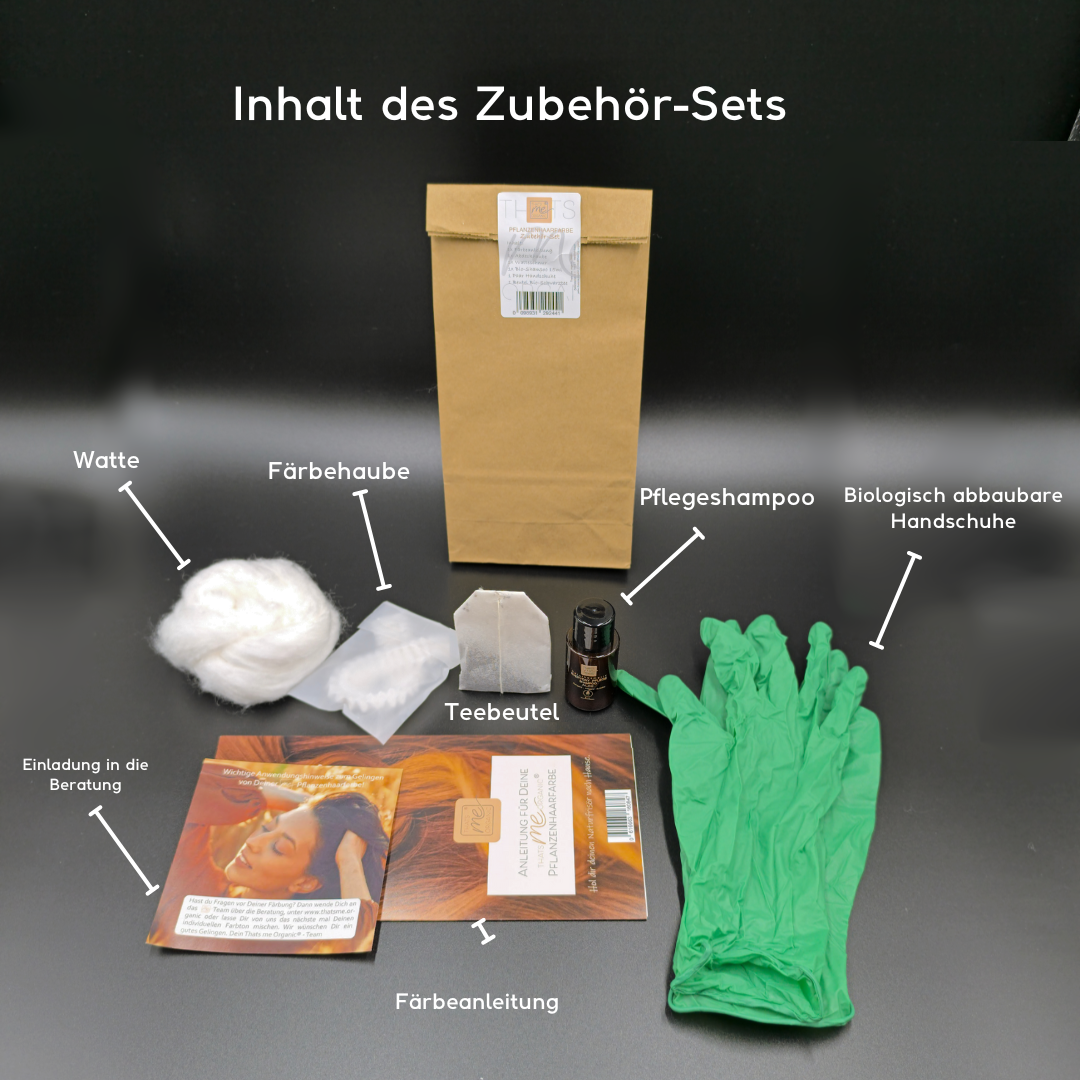 Basic accessory set for herbal hair colors (cotton wool, shampoo, gloves, cap, black tea, instructions)