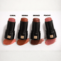 Farbübersicht der 3-in-1 Naturkosmetik Sticks in Coral, Sienna, Bronze und Peachy für Lippen, Wangen und Augen