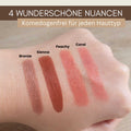 Swatches der vier Nuancen Bronze, Sienna, Peachy und Coral des 3-in-1 Bio Lippenstifts