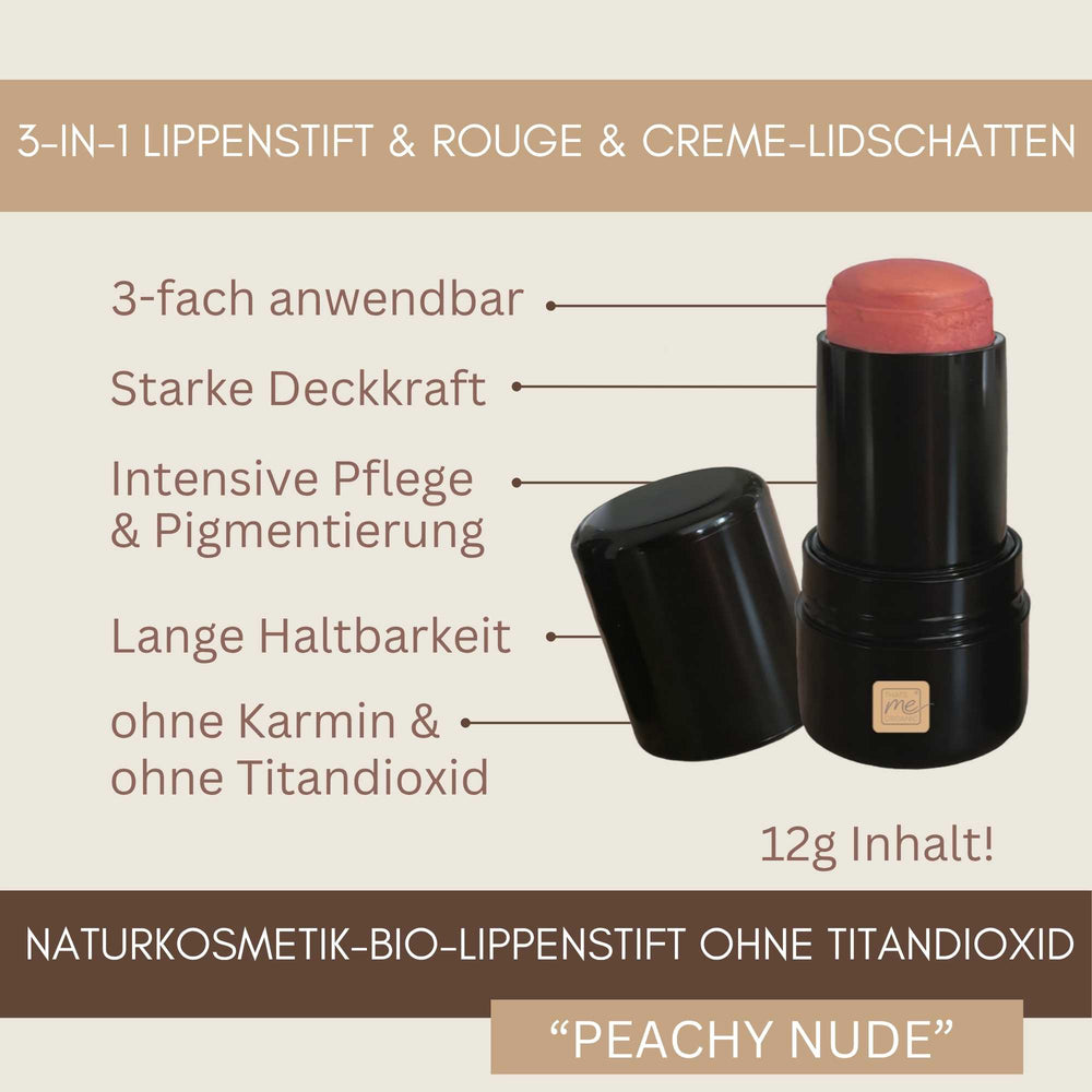 3-in-1 Bio Lippenstift Peachy Nude mit starker Deckkraft, intensiver Pflege und langer Haltbarkeit ohne Titandioxid