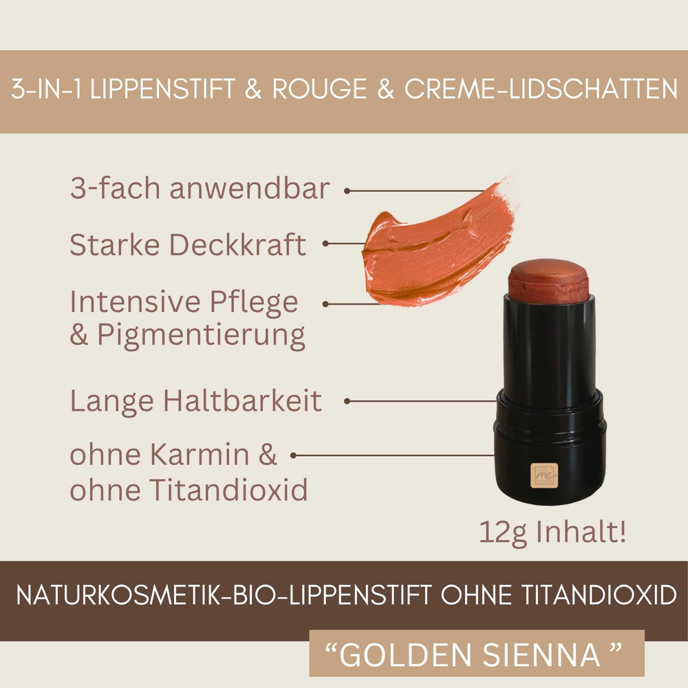 3-in-1 Bio Lippenstift Golden Sienna als Lippenstift, Rouge und Creme-Lidschatten mit starker Deckkraft und intensiver Pflege