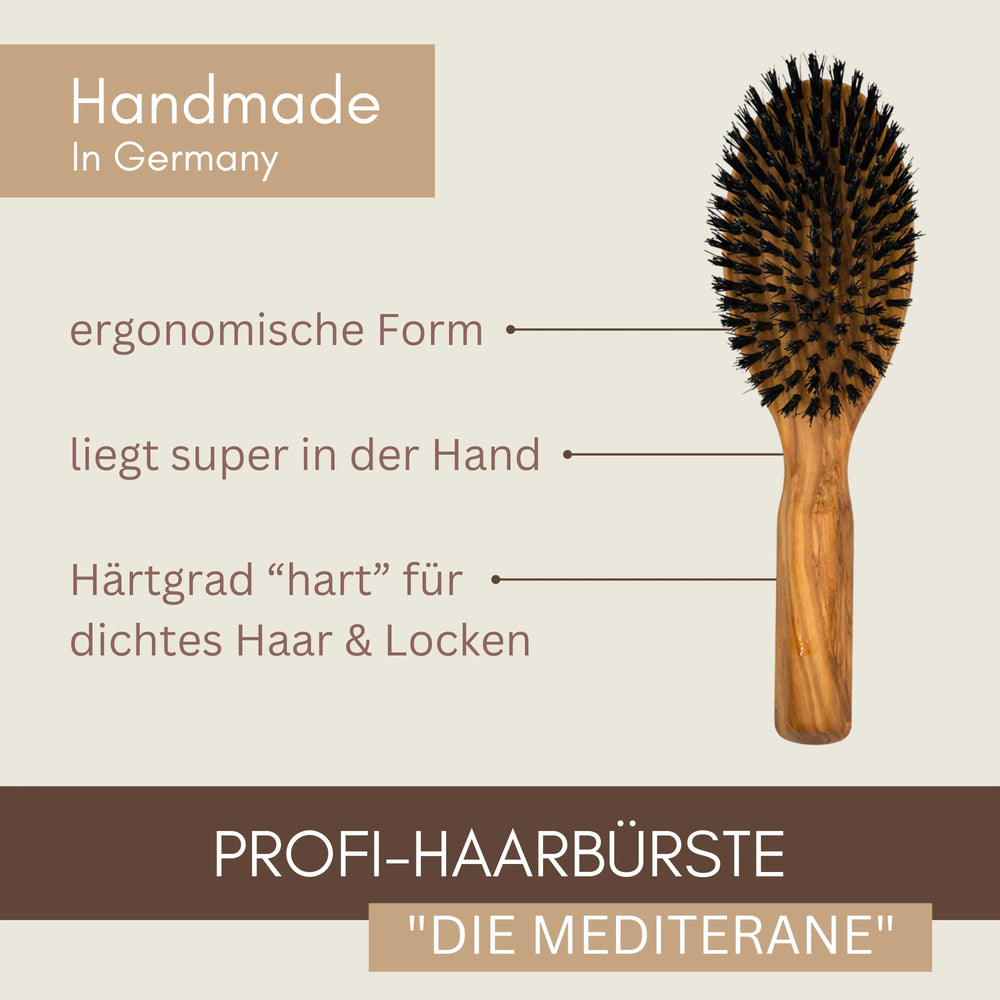 Profi-Haarbürste Klassikform "Die Mediterrane" aus Olivenholz & Wildschweinborste