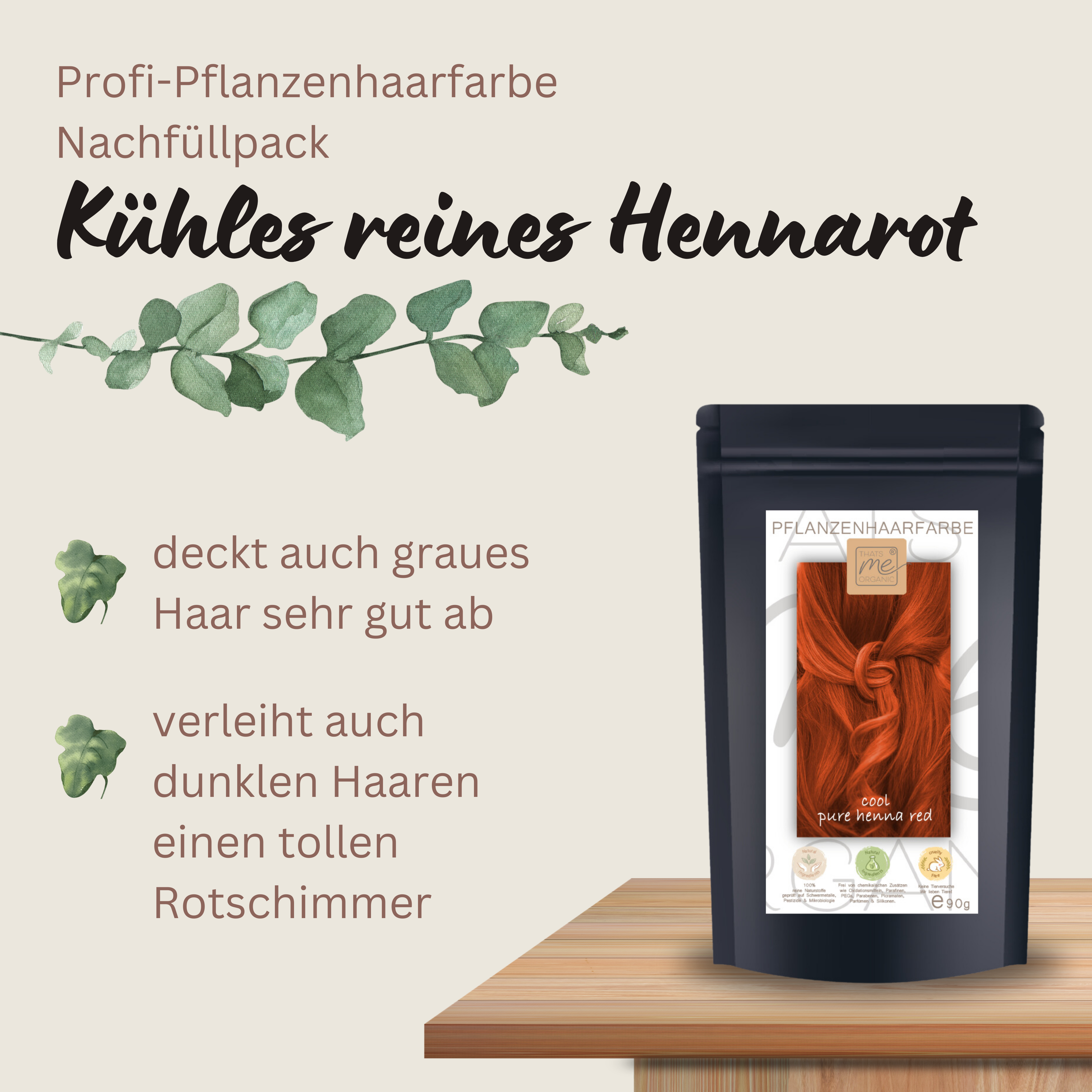 Profi-Pflanzenhaarfarbe "kaltes rotes Henna pur - cool pure henna red" 90g Nachfüllpack