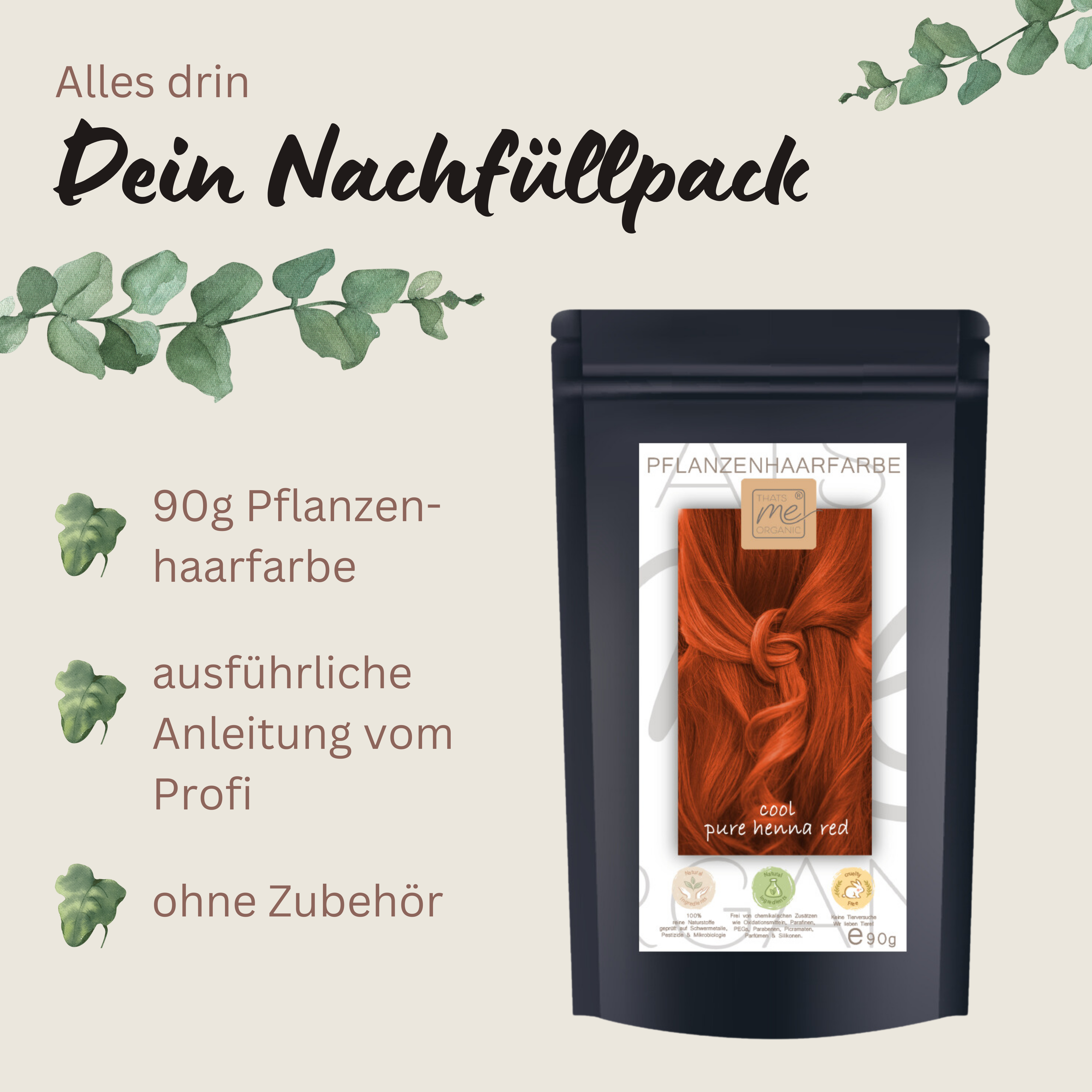 Profi-Pflanzenhaarfarbe "kaltes rotes Henna pur - cool pure henna red" 90g Nachfüllpack