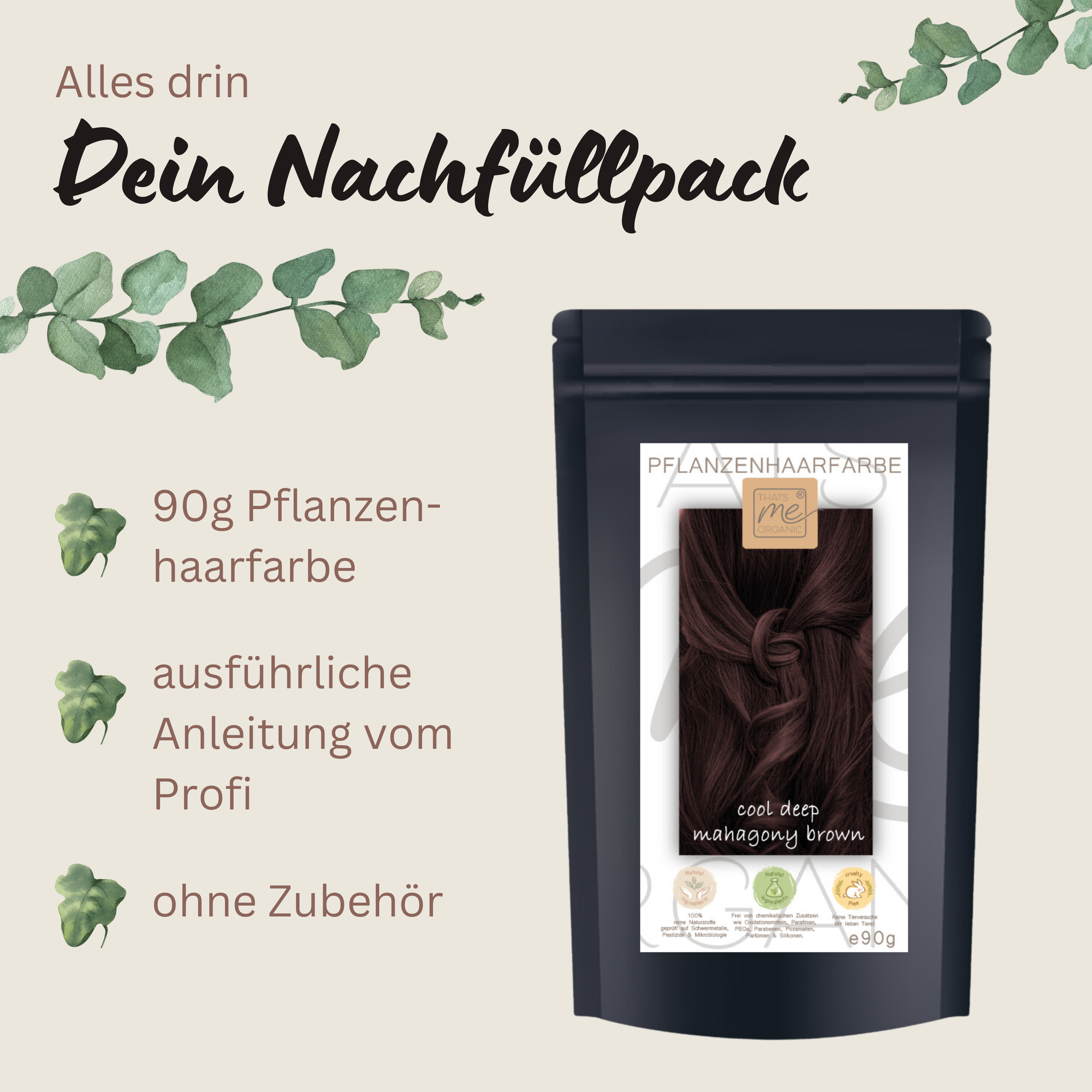 Profi-Pflanzenhaarfarbe kühles dunkles Mahagony-Braun "cool deep mahagony brown" 90g Nachfüllpack