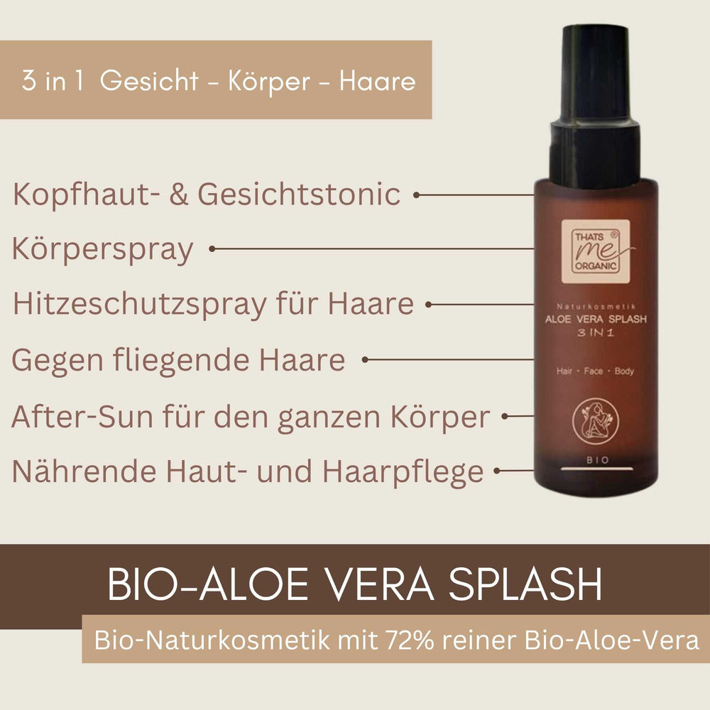 Bio Aloe Vera Splash 3 in 1 für Gesicht, Körper und Haare mit 72 % Bio-Aloe-Vera. Feuchtigkeitsspray als Kopfhaut- und Gesichtstonic, Körperspray, Hitzeschutz für Haare und Pflege gegen fliegnde Haare.