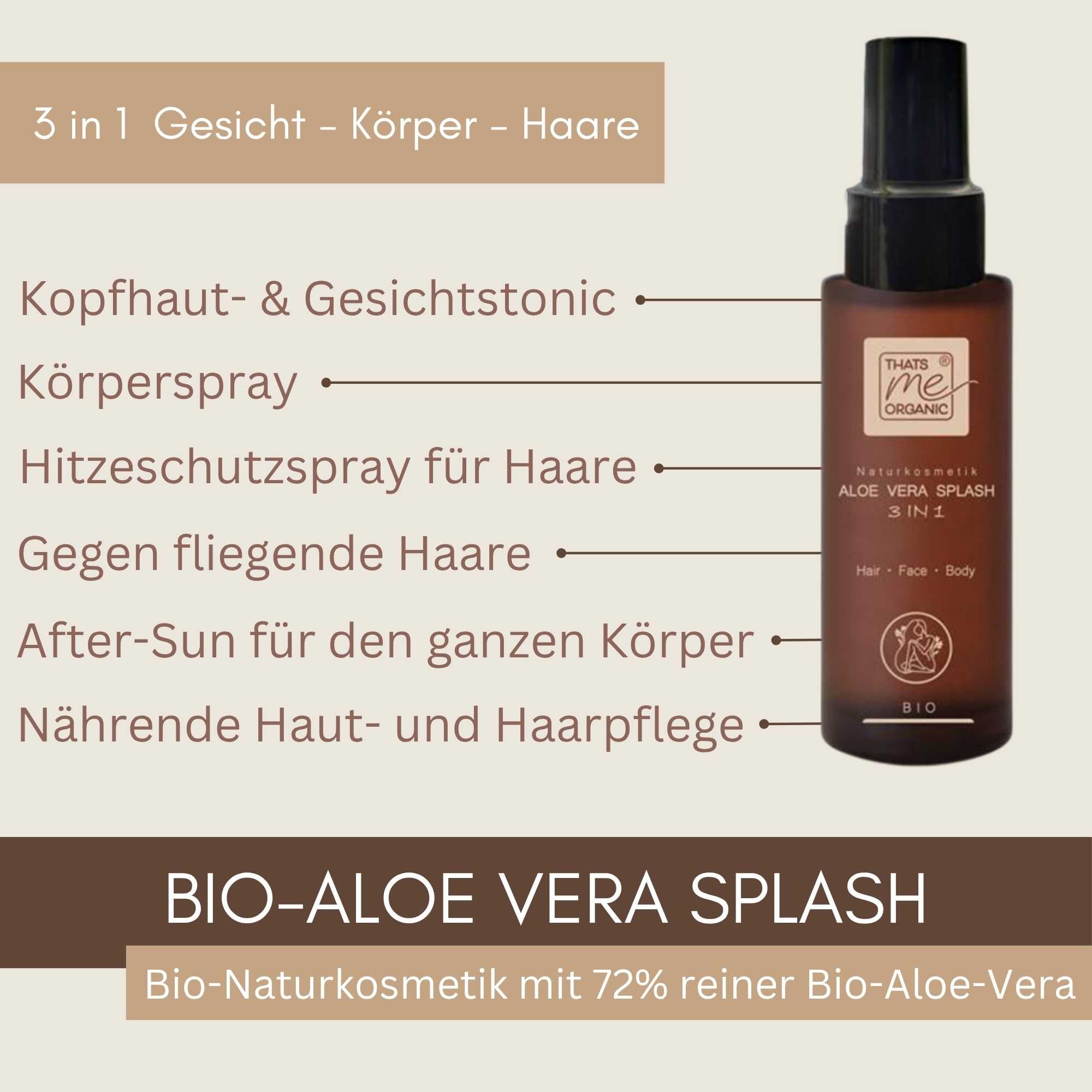 Bio Aloe Vera Splash 3 in 1 für Gesicht, Körper und Haare mit 72 % Bio-Aloe-Vera. Feuchtigkeitsspray als Kopfhaut- und Gesichtstonic, Körperspray, Hitzeschutz für Haare und Pflege gegen fliegnde Haare.