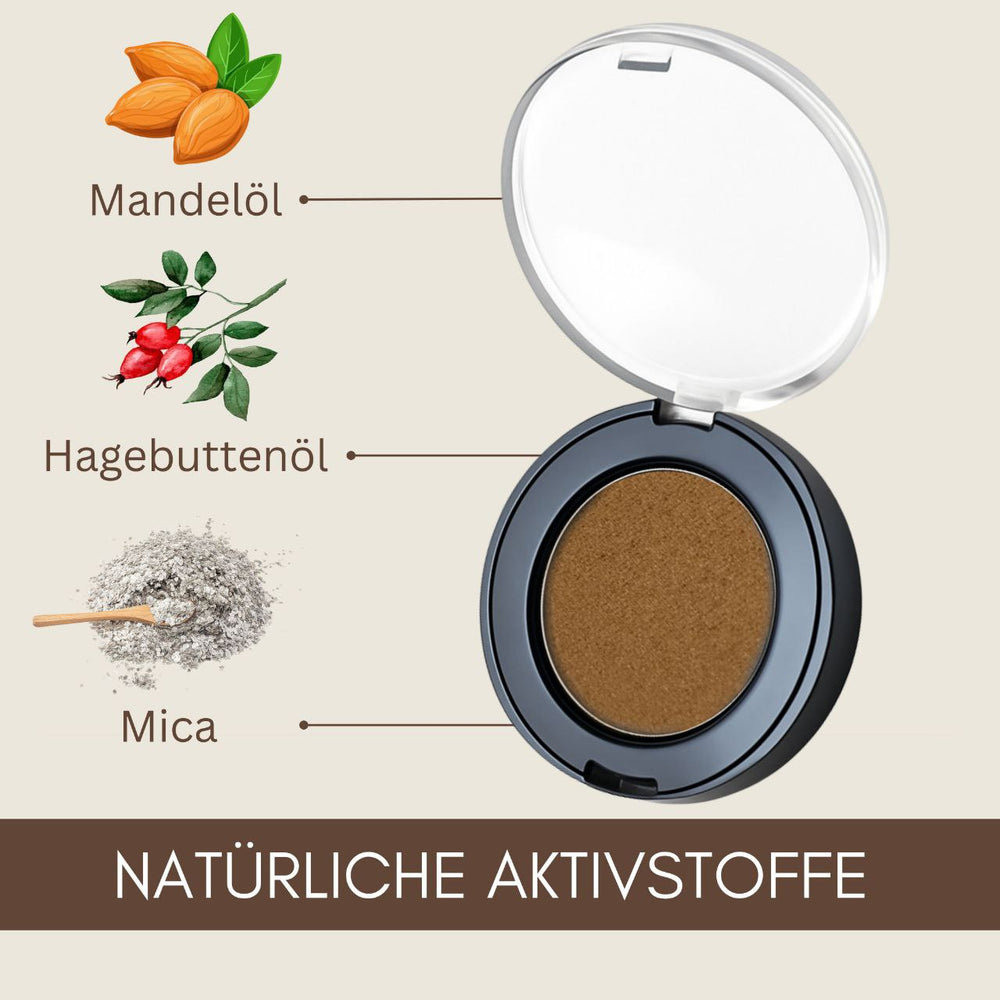 Runde Schminkdose geöffnet, mit braunem Puder. Zutaten: Mandelöl, Hagebuttenöl und Glimmer abgebildet.