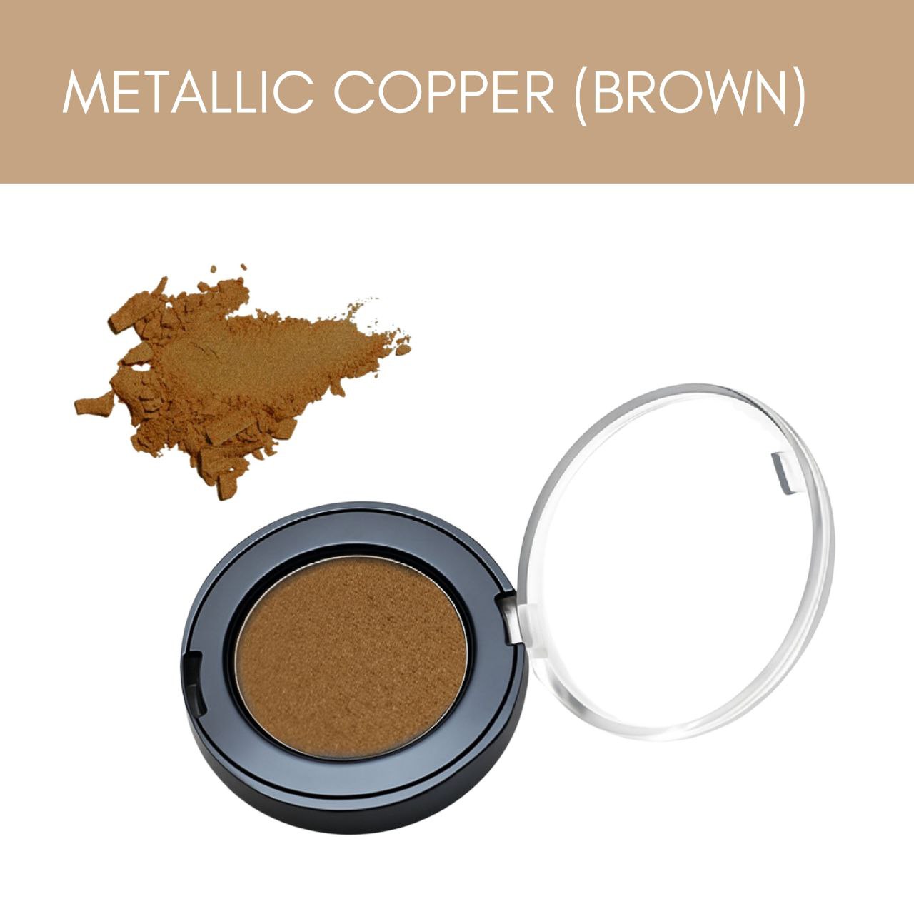 Ein kompakter kupferfarbener (brauner) Metallic-Lidschatten mit losem Puder daneben - der titandioxidfreie Naturkosmetik Lidschatten von Thats me Organic® verleiht Ihren Augen natürliche Schönheit.