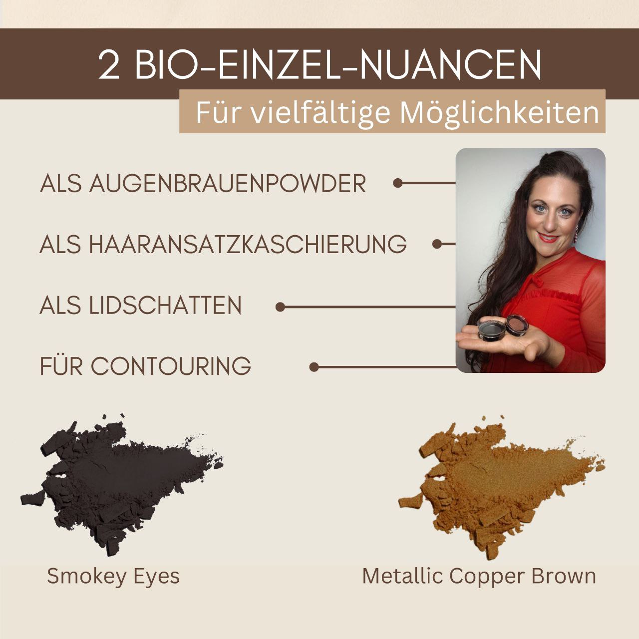 Thats me Organic® zeigt zwei titandioxidfreie Naturkosmetik Lidschatten - Smokey Eyes und Metallic Copper Brown - mit einer Frau in der Hand, ideal um einen atemberaubenden, veganen Make-up-Look zu kreieren.