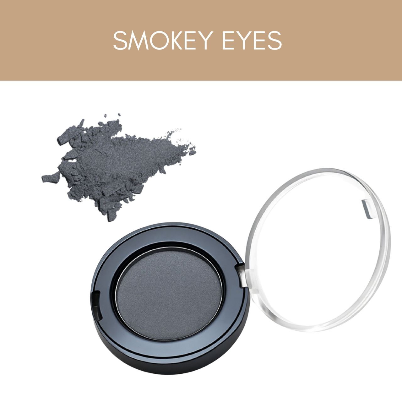 Thats me Organic® mattgrauer veganer Naturkosmetik Lidschatten in runder Dose mit klarem Deckel, mit eingestreuten Puderpigmenten darüber; titandioxidfreie Formel für eine bewusste Wahl.