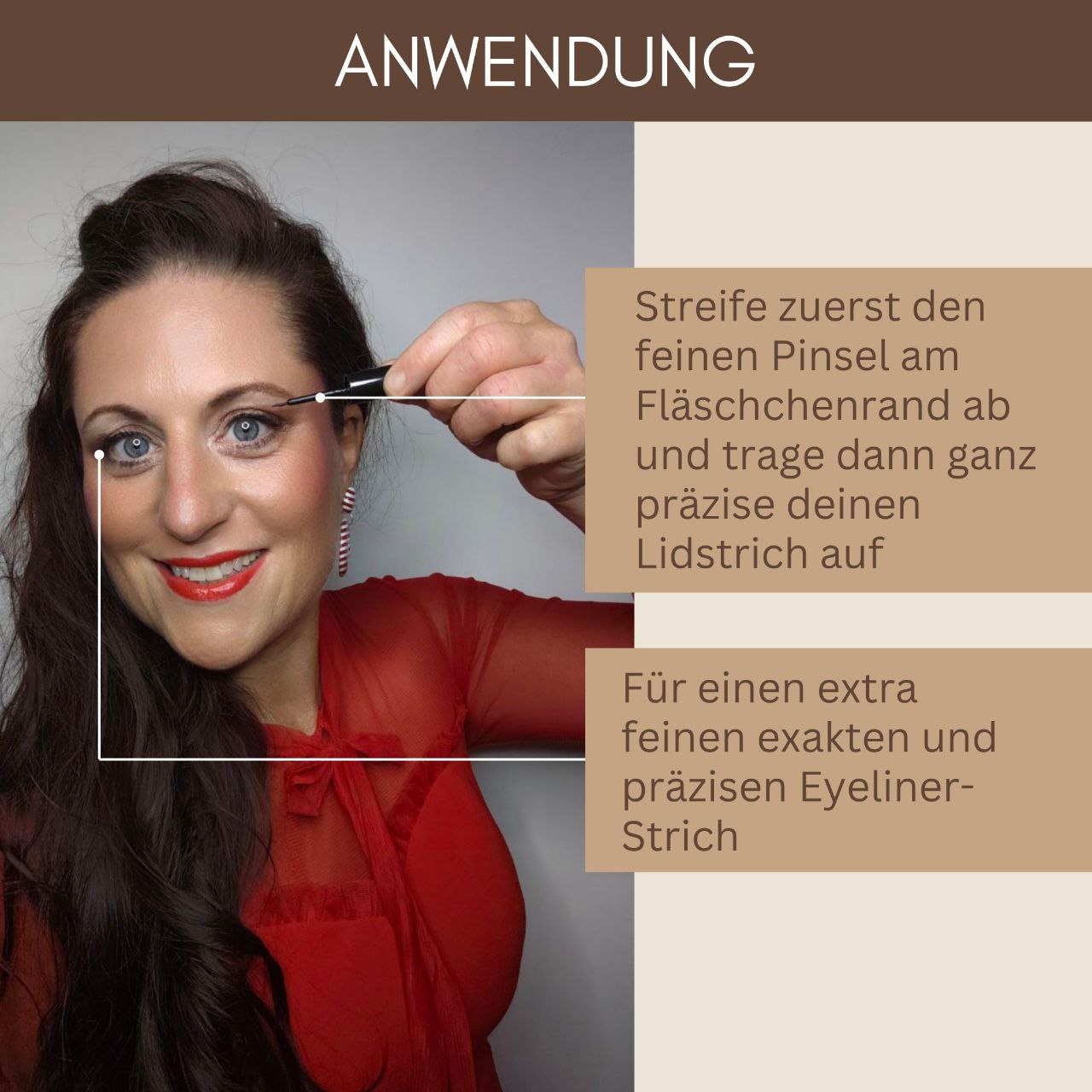 Frau hält feinen Pinsel ans Auge; Thats me Organic® Anleitung für präzisen Bio Eyeliner-Strich bei empfindlichen Augen in zwei Textfeldern.