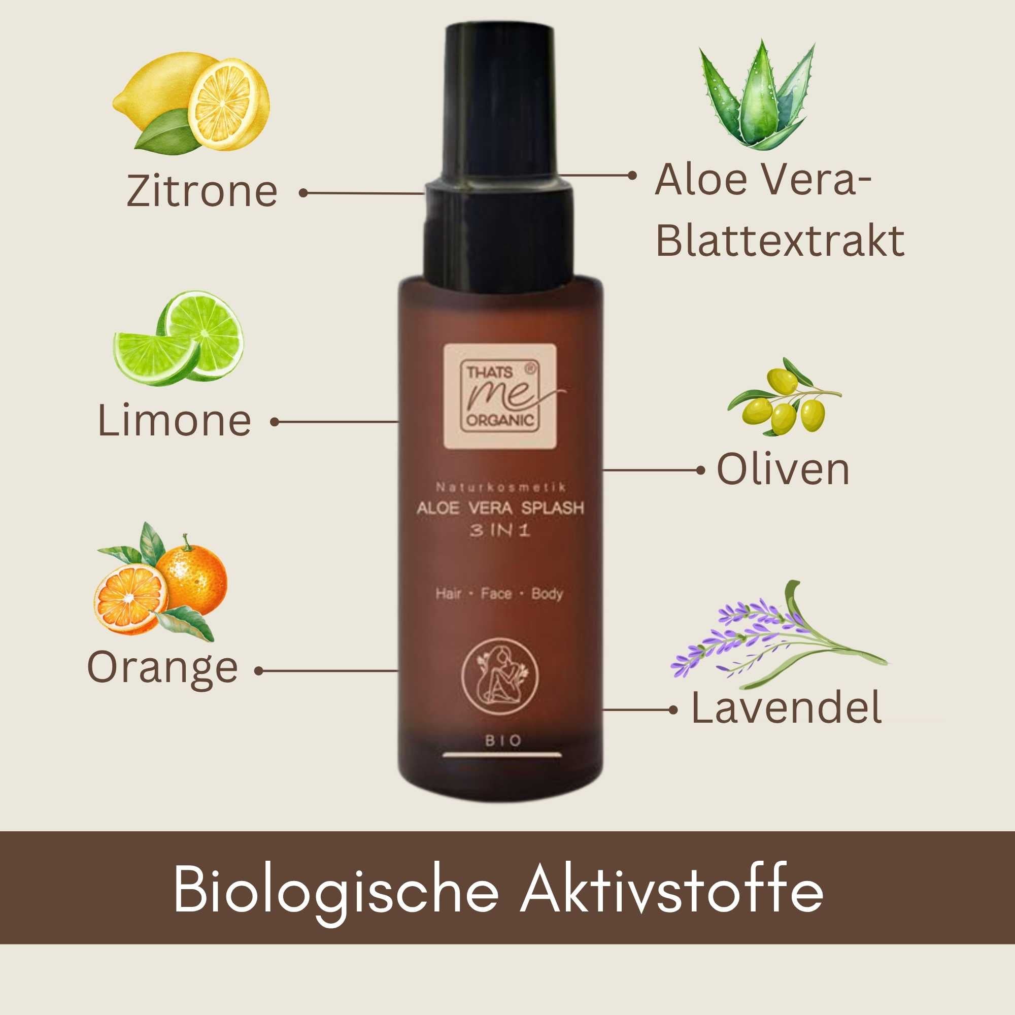 Bio Aloe Vera Splash 3 in 1 mit natürlichen Inhaltsstoffen wie Aloe Vera Blattextrakt, Lavendel, Olive, Orange, Limone und Zitrone.