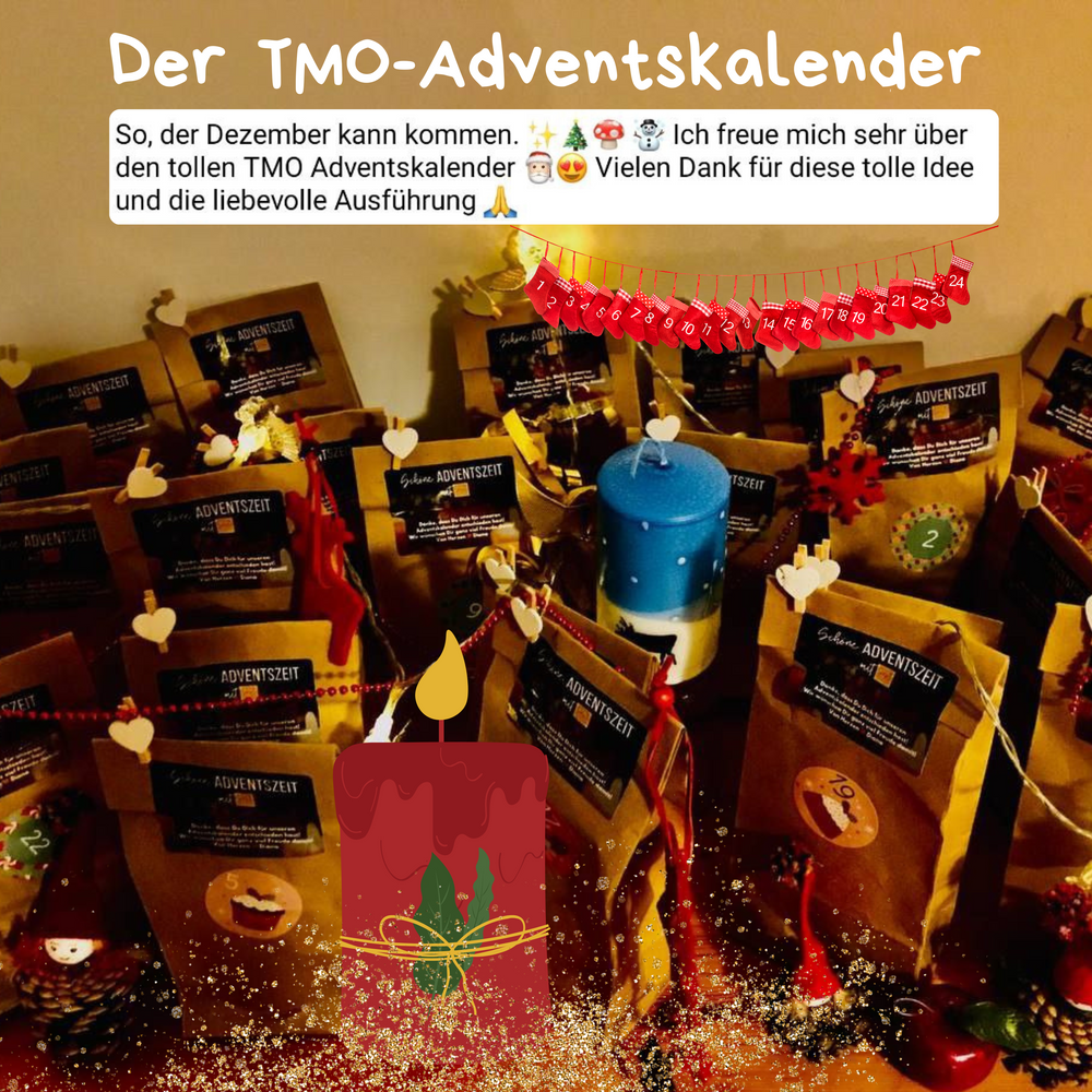 Die 24 Tüten des Adventskalenders zusammen mit einer Bewertung