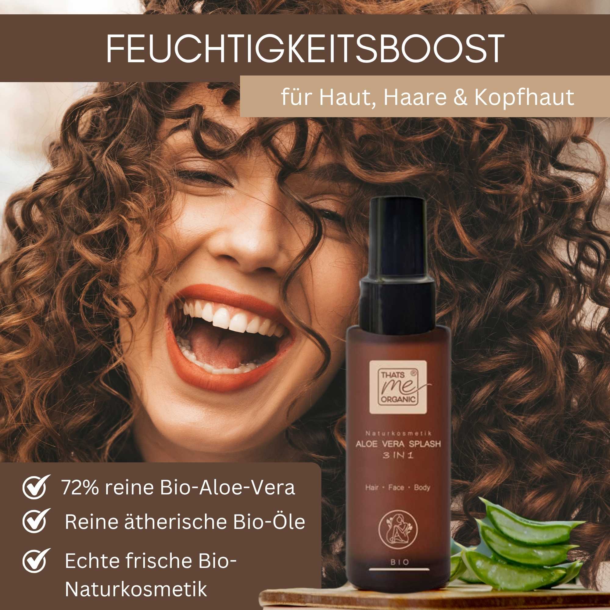 Bio Aloe Vera Splash 3 in 1 als Feuchtigkeitsboost für Haut, Haare und Kopfhaut mit 72 % reiner Bio-Aloe-Vera und ätherischen Bio-Ölen.