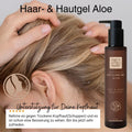 Eine Hand trägt das Gel auf die Kopfhaut einer Person auf und demonstriert so die effektive Kopfhautpflege; rechts ist eine Flasche Thats me Organic® Aloe Hair and Skin Gel zu sehen.