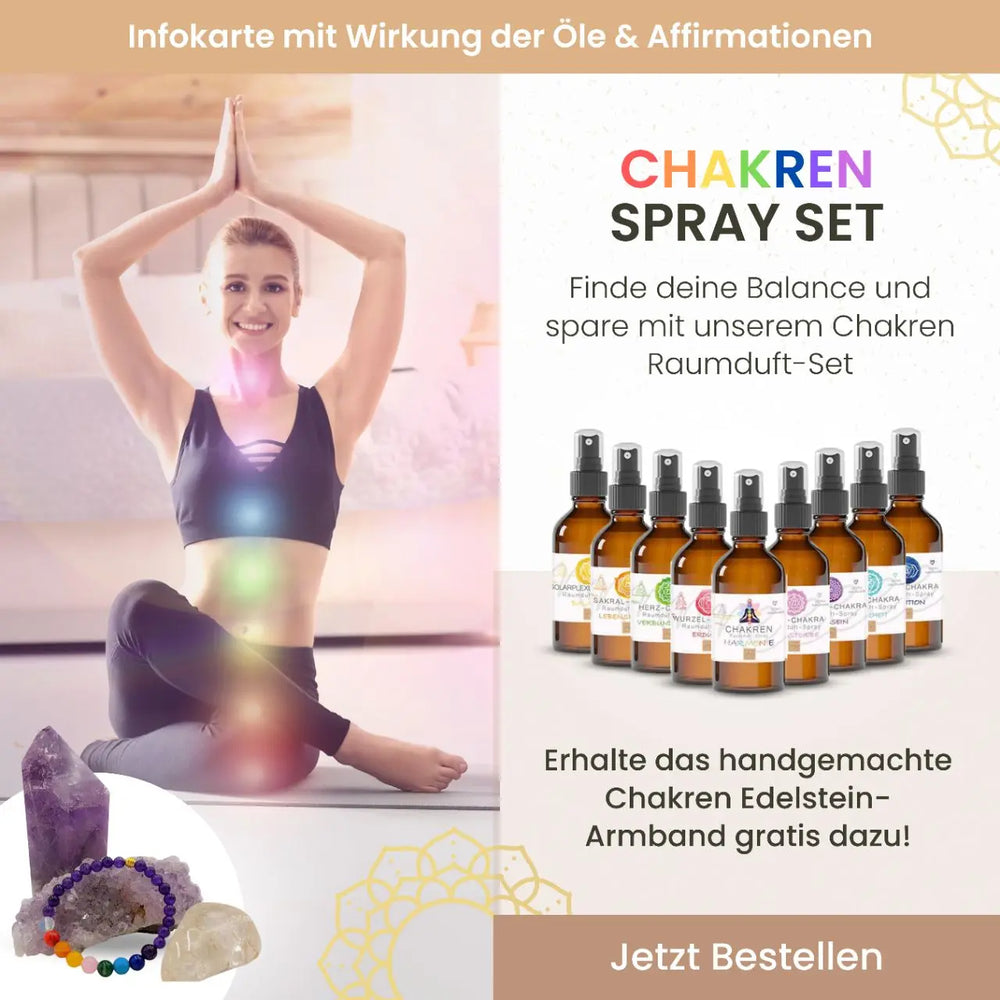 Chakra Aromatherapie Aura-, Raumduft-, Yoga- &  Meditationsspray Set in Geschenkbox + Chakra-Edelstein-Armband – für energetische Balance