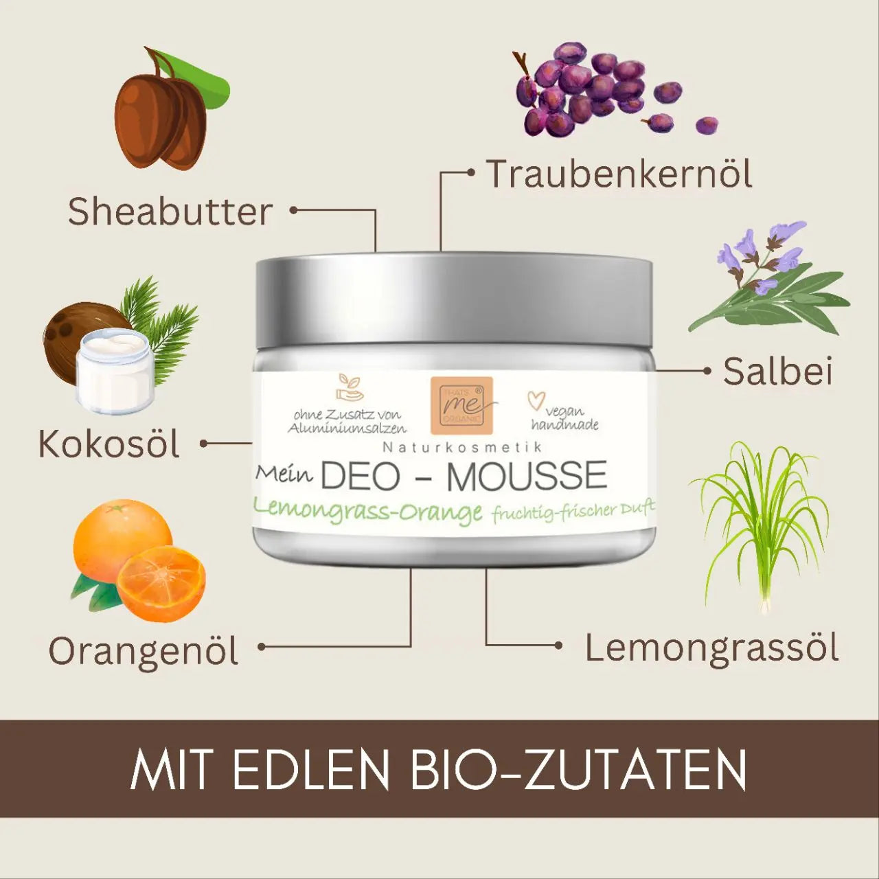 Deodorante Mousse Lemongrass Orange 24h+ Deodorante come crema senza alluminio cosmetici naturali 50ml 