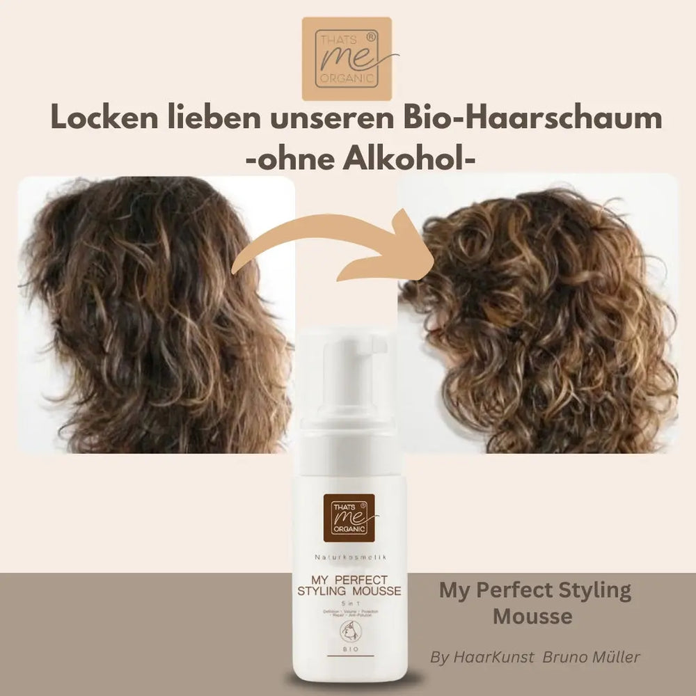 Vorher-Nachher-Ansicht von lockigem Haar unter Verwendung von Thats me Organic® Bio-Haarschaum Styling Mousse mit natürlichen Inhaltsstoffen, Produkt siehe unten.