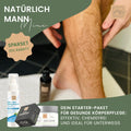 Ein Mann cremt sein Bein mit den Thats me Organic® Männerpflegeprodukten wie Deo-Mousse Lemongrass ein und genießt dabei einen Rabatt von 10 % - ideal für jedes Geschenk-Set.